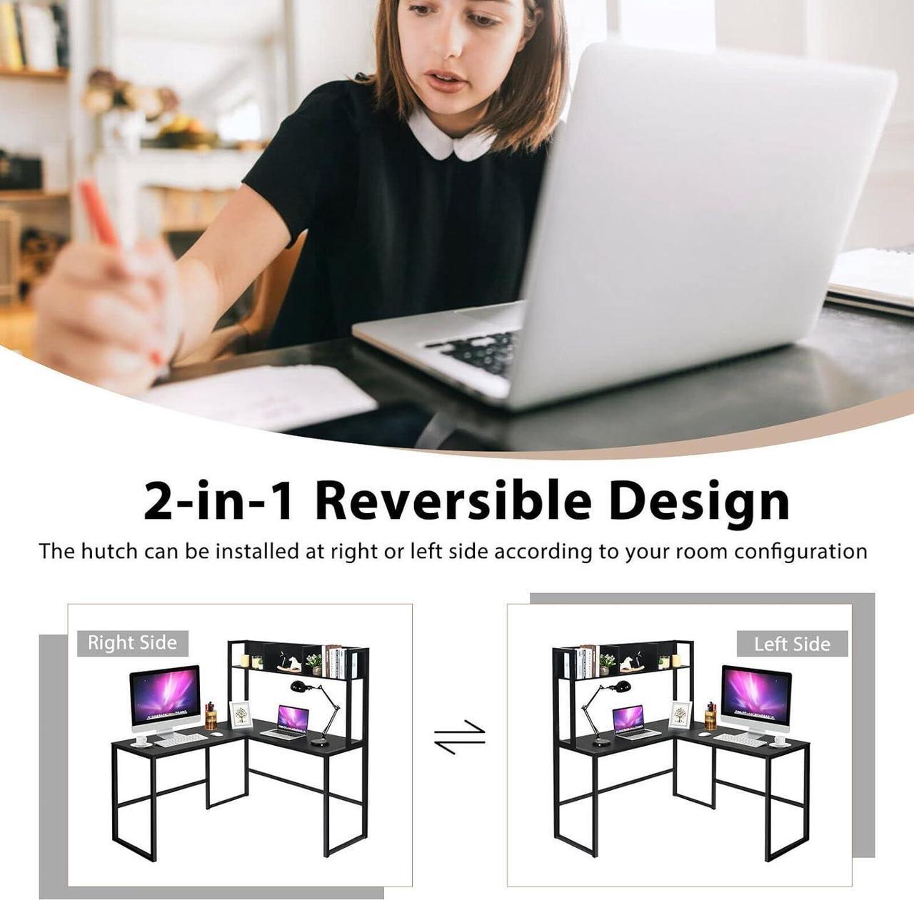 Alt view image 6 of 7 - Tangkula Reversible L-Shaped Desk with Hutch, Space Saving Corner Computer Desk with Storage Shelves, Home Office Study Writing Desk Computer Workstation with Storage Bookshelf, Gaming Desk