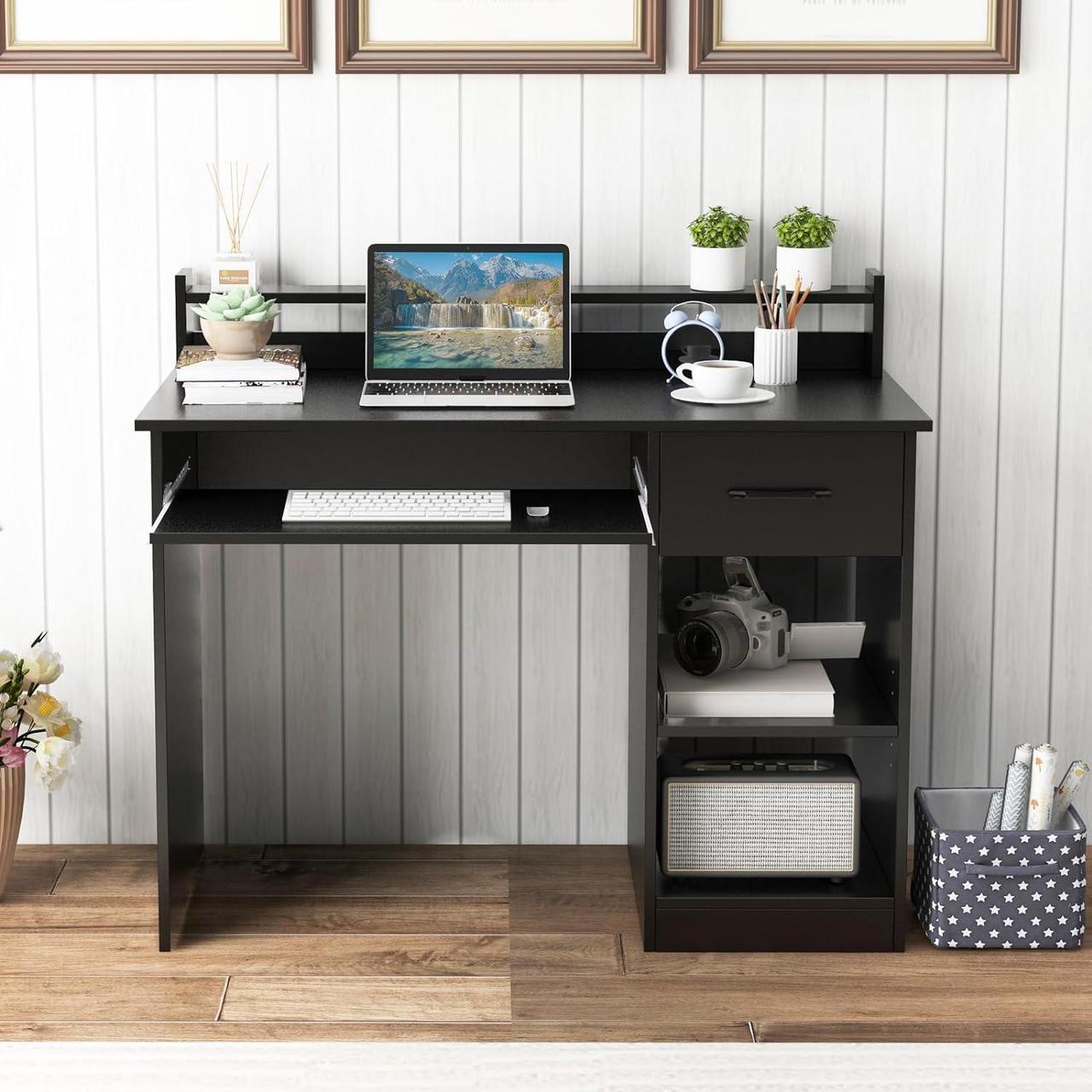 Alt view image 2 of 7 - IFANNY Computer Desk, Office Desk with Drawers, Hutch, Keyboard Tray & Adjustable Shelf, Small Desk with Storage, Modern Home Office Desks, Black Desk for Bedroom, Living Room, Study (Black)