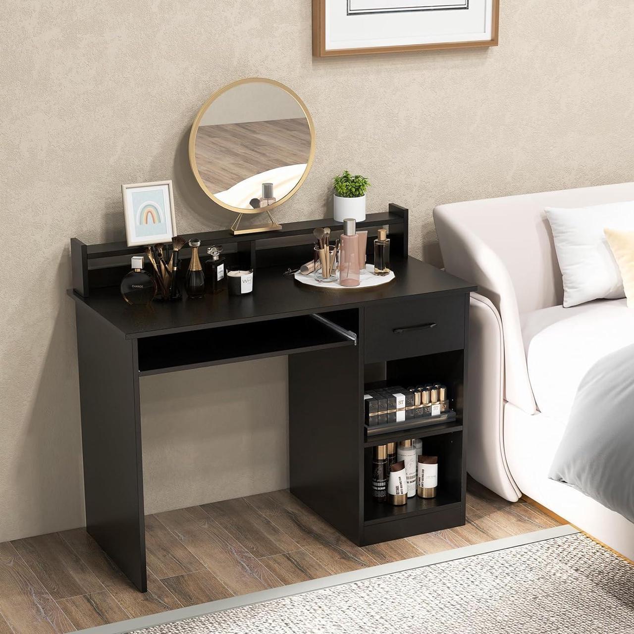 Alt view image 4 of 7 - IFANNY Computer Desk, Office Desk with Drawers, Hutch, Keyboard Tray & Adjustable Shelf, Small Desk with Storage, Modern Home Office Desks, Black Desk for Bedroom, Living Room, Study (Black)