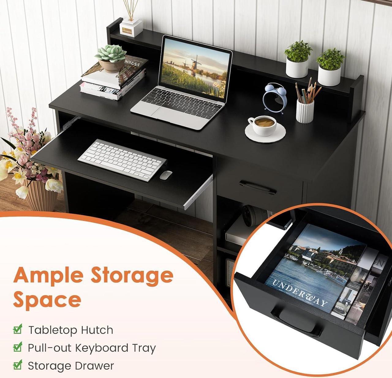 Alt view image 5 of 7 - IFANNY Computer Desk, Office Desk with Drawers, Hutch, Keyboard Tray & Adjustable Shelf, Small Desk with Storage, Modern Home Office Desks, Black Desk for Bedroom, Living Room, Study (Black)