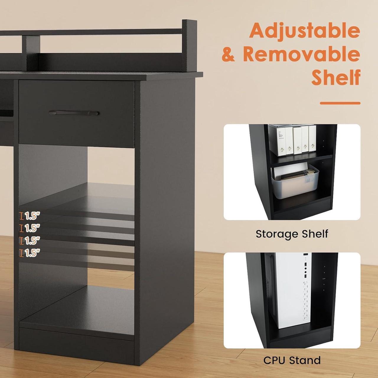 Alt view image 6 of 7 - IFANNY Computer Desk, Office Desk with Drawers, Hutch, Keyboard Tray & Adjustable Shelf, Small Desk with Storage, Modern Home Office Desks, Black Desk for Bedroom, Living Room, Study (Black)