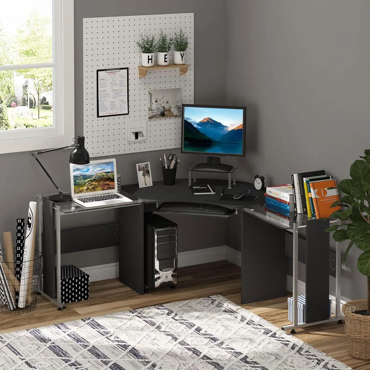 Alt view image 2 of 7 - HOMCOM 69" Modern L-Shaped Tempered Glass Office Computer Desk with Elevated Monitor Stand, Rolling CPU Holder, Pull Out Keyboard Tray and Steel Frame, Black