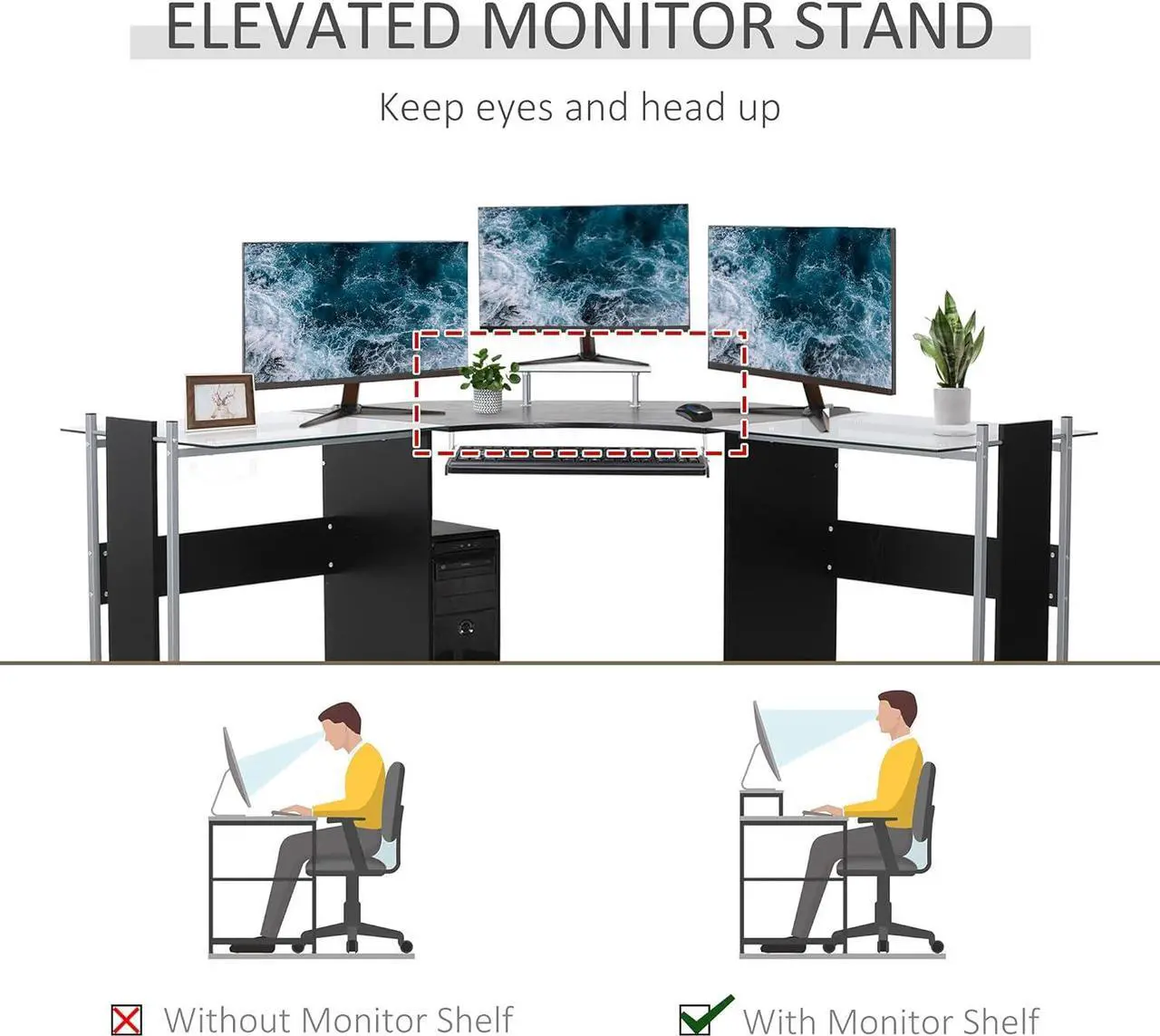 Alt view image 4 of 7 - HOMCOM 69" Modern L-Shaped Tempered Glass Office Computer Desk with Elevated Monitor Stand, Rolling CPU Holder, Pull Out Keyboard Tray and Steel Frame, Black