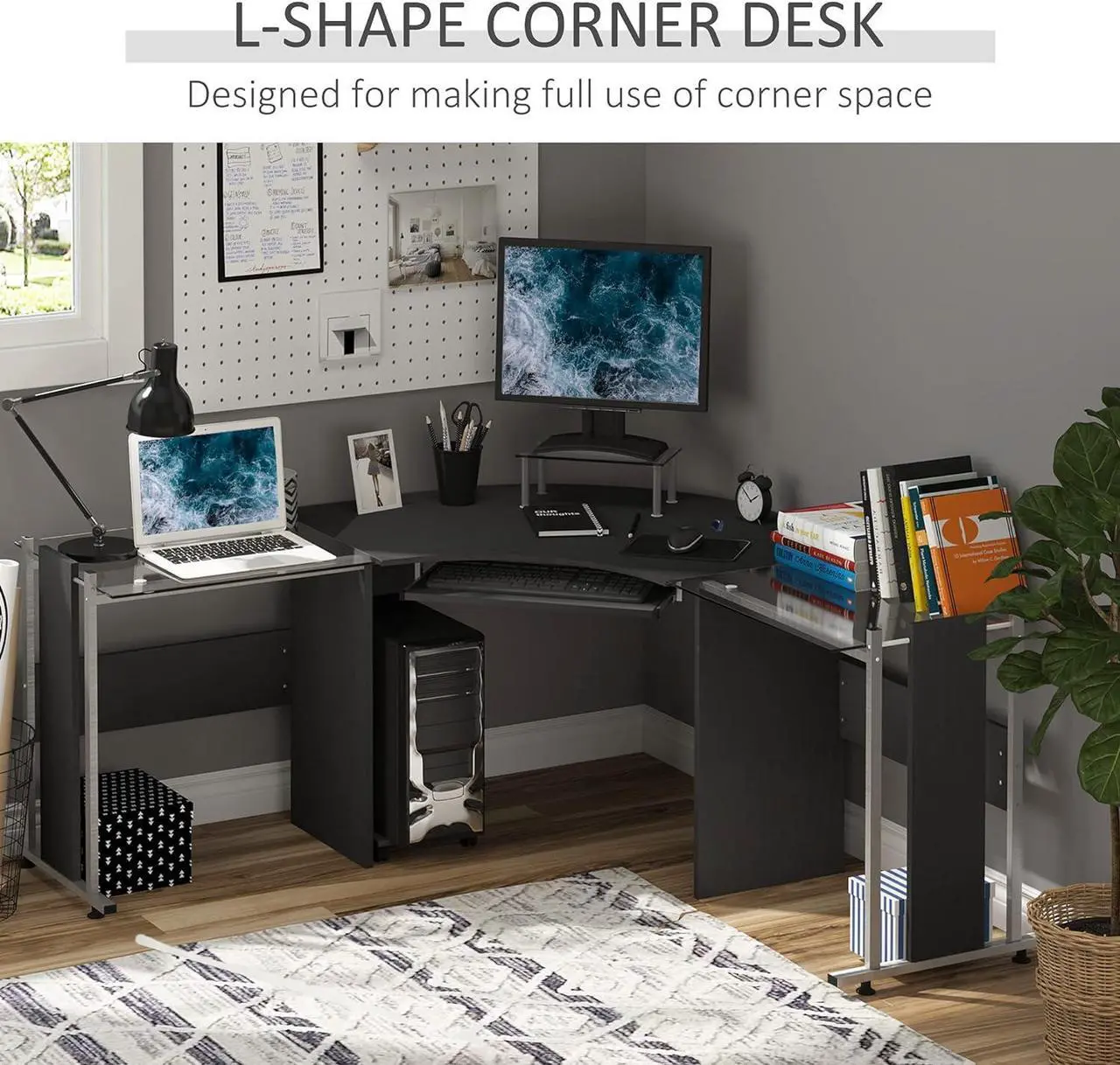 Alt view image 6 of 7 - HOMCOM 69" Modern L-Shaped Tempered Glass Office Computer Desk with Elevated Monitor Stand, Rolling CPU Holder, Pull Out Keyboard Tray and Steel Frame, Black