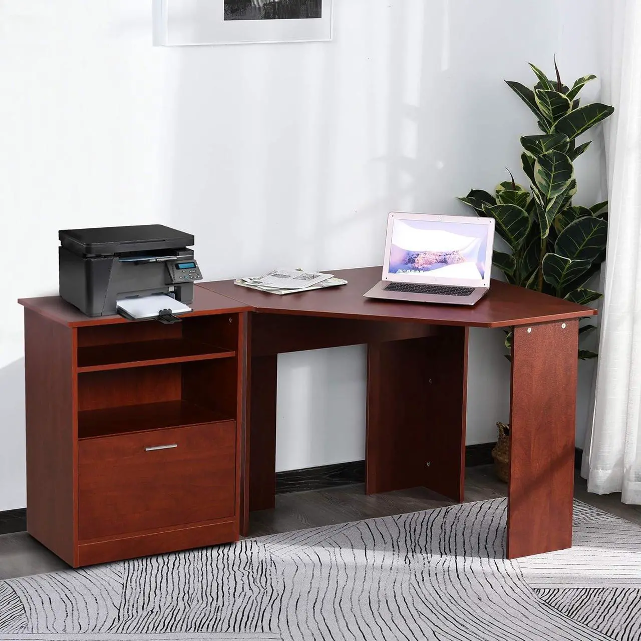 Alt view image 2 of 7 - HOMCOM Computer Desk with Printer Cabinet, L-Shaped Corner Desk with Storage, Study PC Workstation for Home Office, Cherry