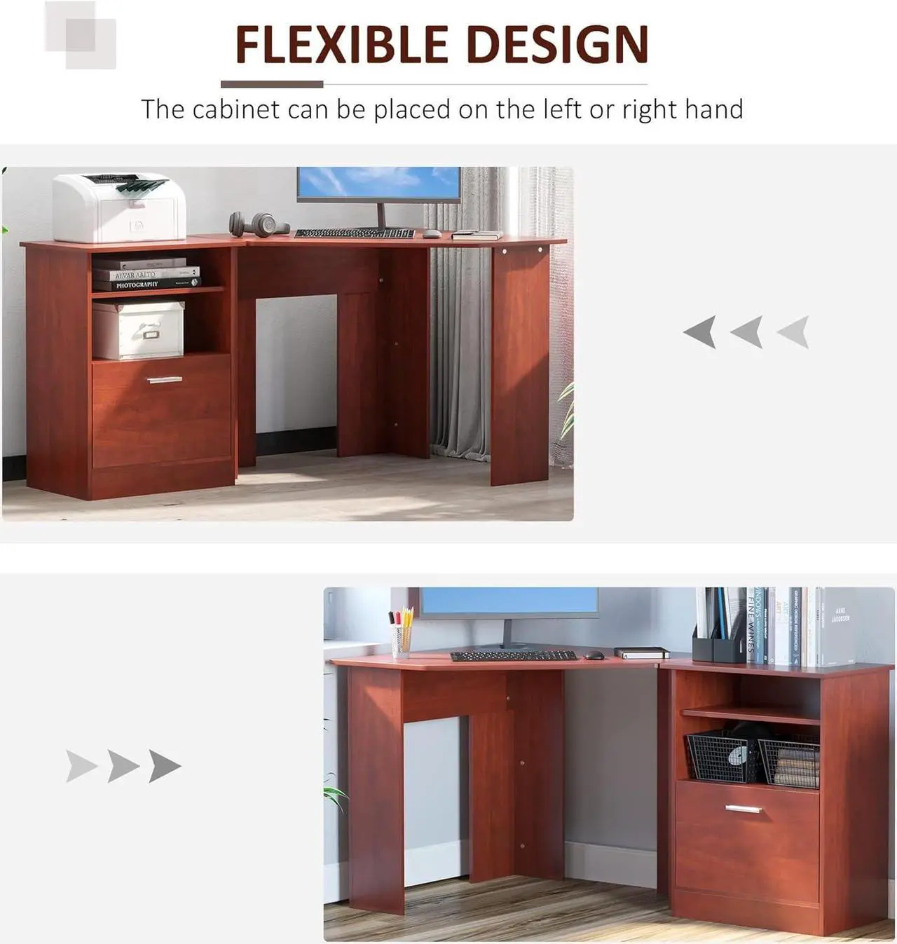 Alt view image 4 of 7 - HOMCOM Computer Desk with Printer Cabinet, L-Shaped Corner Desk with Storage, Study PC Workstation for Home Office, Cherry
