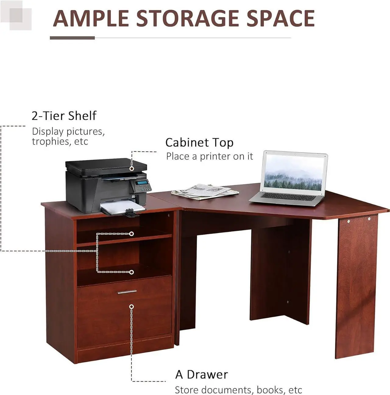 Alt view image 6 of 7 - HOMCOM Computer Desk with Printer Cabinet, L-Shaped Corner Desk with Storage, Study PC Workstation for Home Office, Cherry
