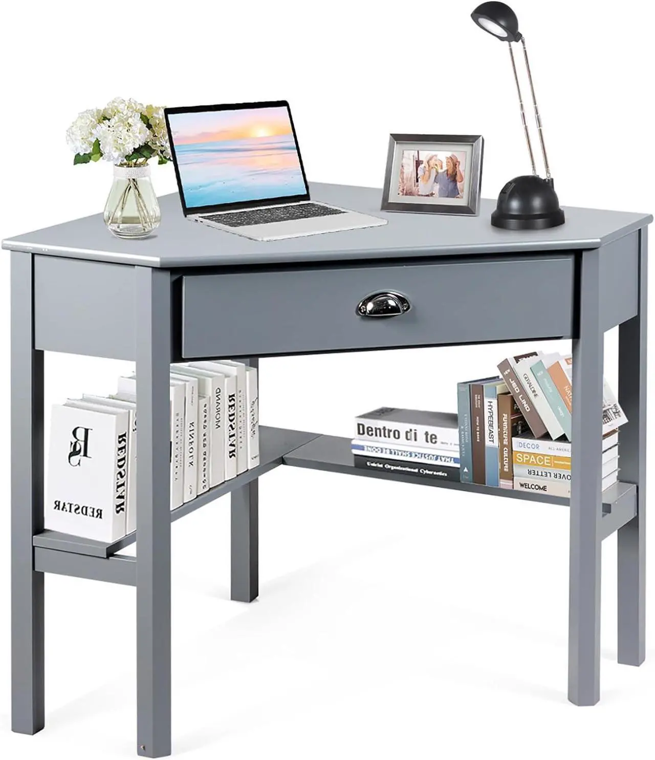 Main image of SILKYDRY Corner Computer Desk, Space-Saving Corner Table with Drawer & Shelves, Home Office 90° Triangle Corner Workstation, Modern Makeup Vanity Table, Small Corner Desk for Small Spaces (Grey)