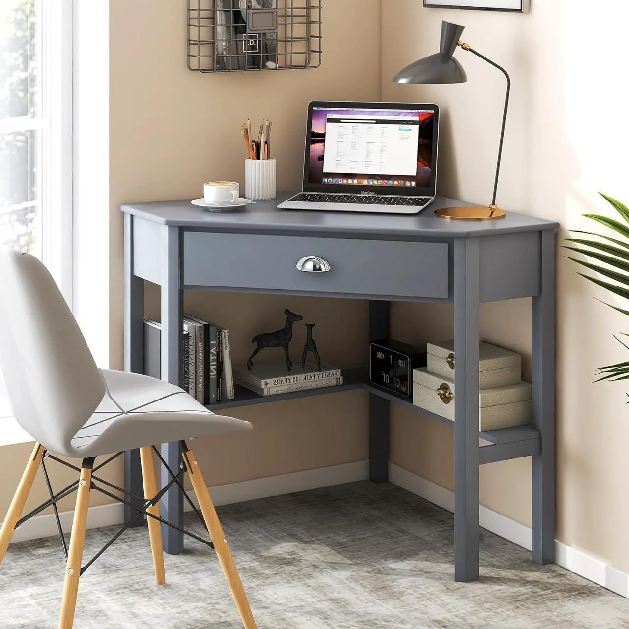 Alt view image 2 of 7 - SILKYDRY Corner Computer Desk, Space-Saving Corner Table with Drawer & Shelves, Home Office 90° Triangle Corner Workstation, Modern Makeup Vanity Table, Small Corner Desk for Small Spaces (Grey)