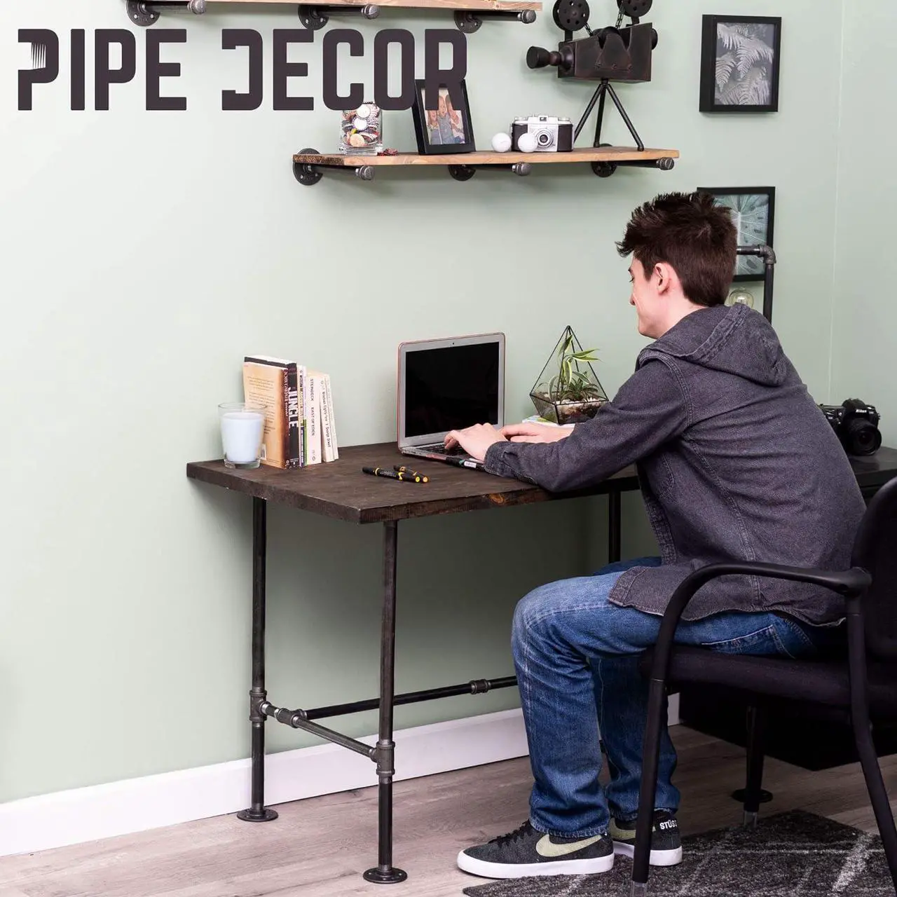 Alt view image 2 of 7 - PIPE DECOR Industrial Pipe Desk Leg Set, Modern Home Office Table Writing or Computer Base Kit, Dark Grey Black Rough Pipes, Rustic Vintage Furniture Unfinished Steel Metal Pipe Legs, H-Desk Style