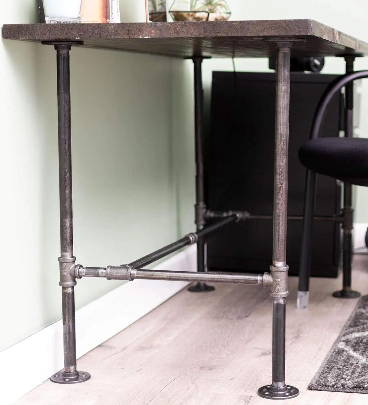 Alt view image 3 of 7 - PIPE DECOR Industrial Pipe Desk Leg Set, Modern Home Office Table Writing or Computer Base Kit, Dark Grey Black Rough Pipes, Rustic Vintage Furniture Unfinished Steel Metal Pipe Legs, H-Desk Style