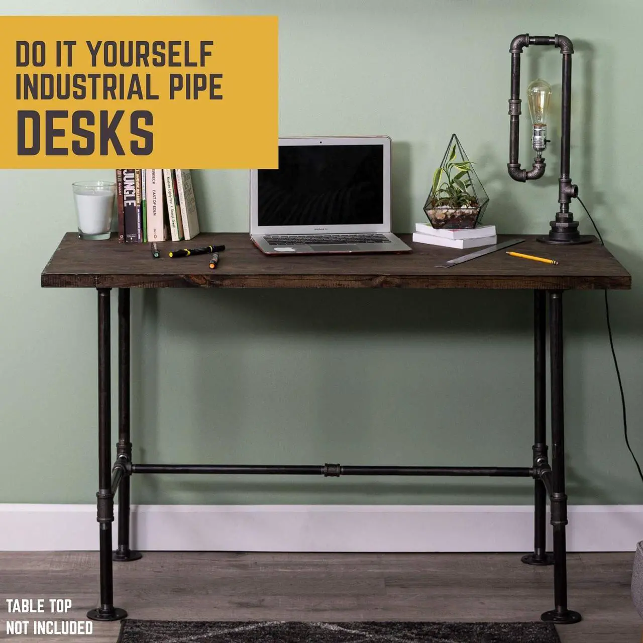 Alt view image 4 of 7 - PIPE DECOR Industrial Pipe Desk Leg Set, Modern Home Office Table Writing or Computer Base Kit, Dark Grey Black Rough Pipes, Rustic Vintage Furniture Unfinished Steel Metal Pipe Legs, H-Desk Style