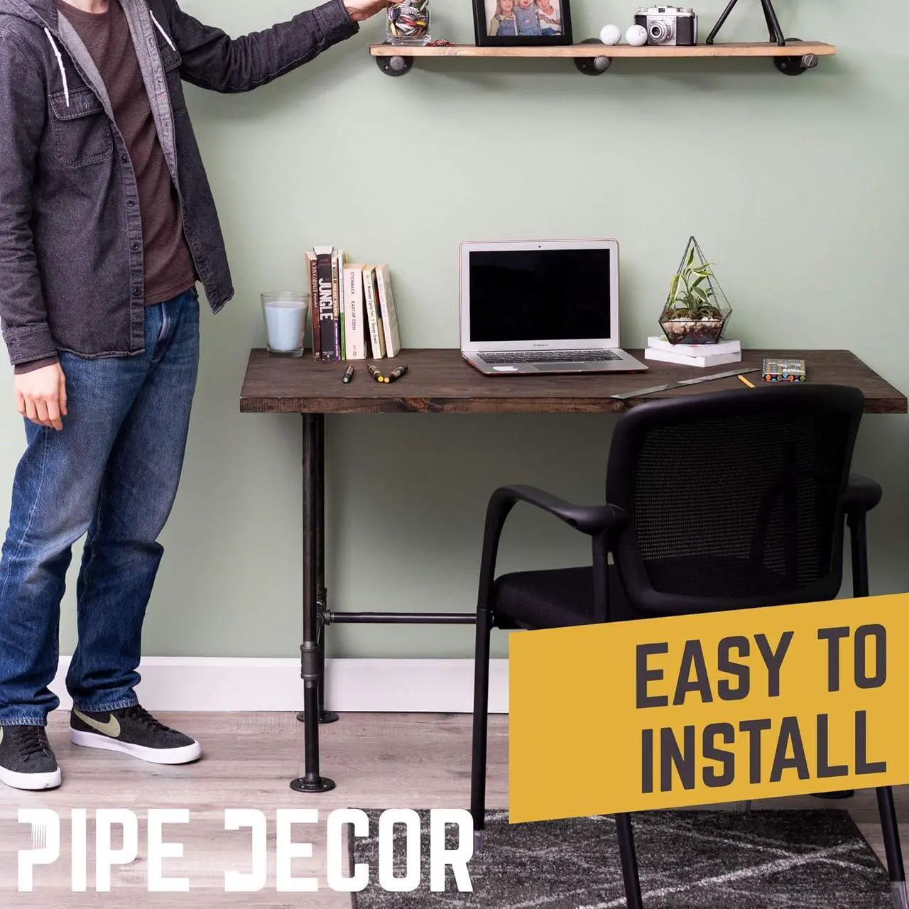 Alt view image 5 of 7 - PIPE DECOR Industrial Pipe Desk Leg Set, Modern Home Office Table Writing or Computer Base Kit, Dark Grey Black Rough Pipes, Rustic Vintage Furniture Unfinished Steel Metal Pipe Legs, H-Desk Style