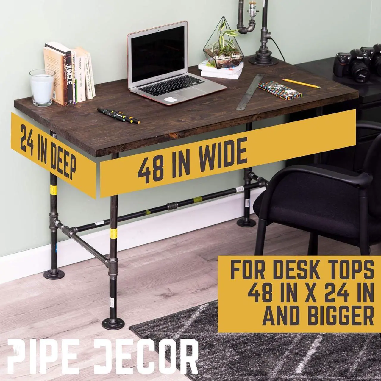 Alt view image 6 of 7 - PIPE DECOR Industrial Pipe Desk Leg Set, Modern Home Office Table Writing or Computer Base Kit, Dark Grey Black Rough Pipes, Rustic Vintage Furniture Unfinished Steel Metal Pipe Legs, H-Desk Style