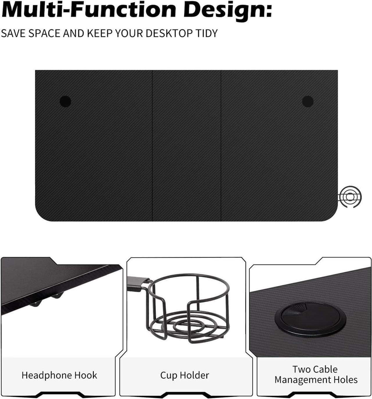 Alt view image 4 of 7 - TOPSKY Gaming Desk Large Surface 63x31.5 with Cup Holder, Headphone Hook and Cable Management (Black)