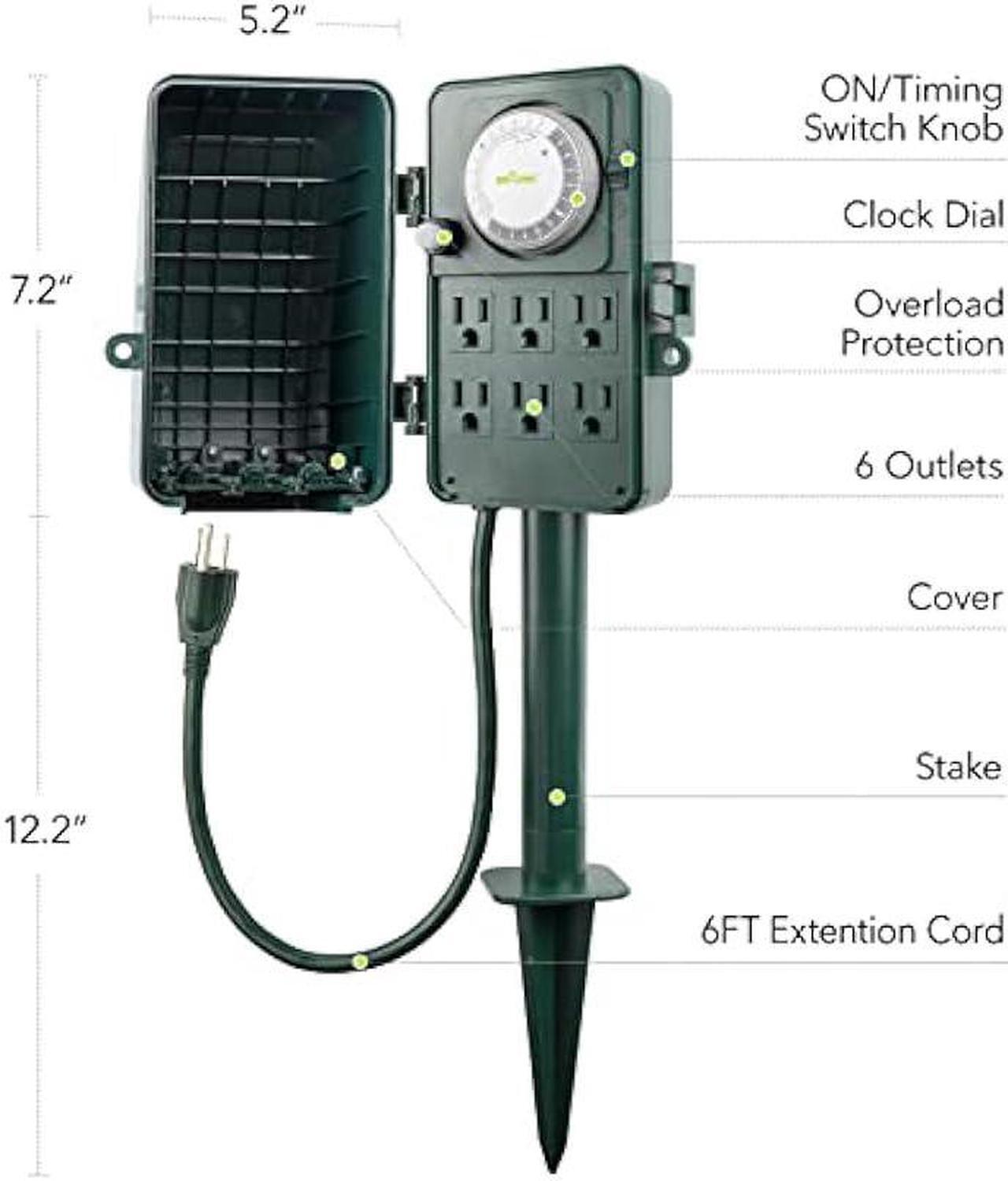 Alt view image 2 of 6 - BN-LINK 24 Hour Mechanical Outdoor Multi Socket Timer, 6 Outlet Garden Power Stake with 6ft Cords, Outdoor Timers for Lights, ETL listed, 125V, 15A/1875W