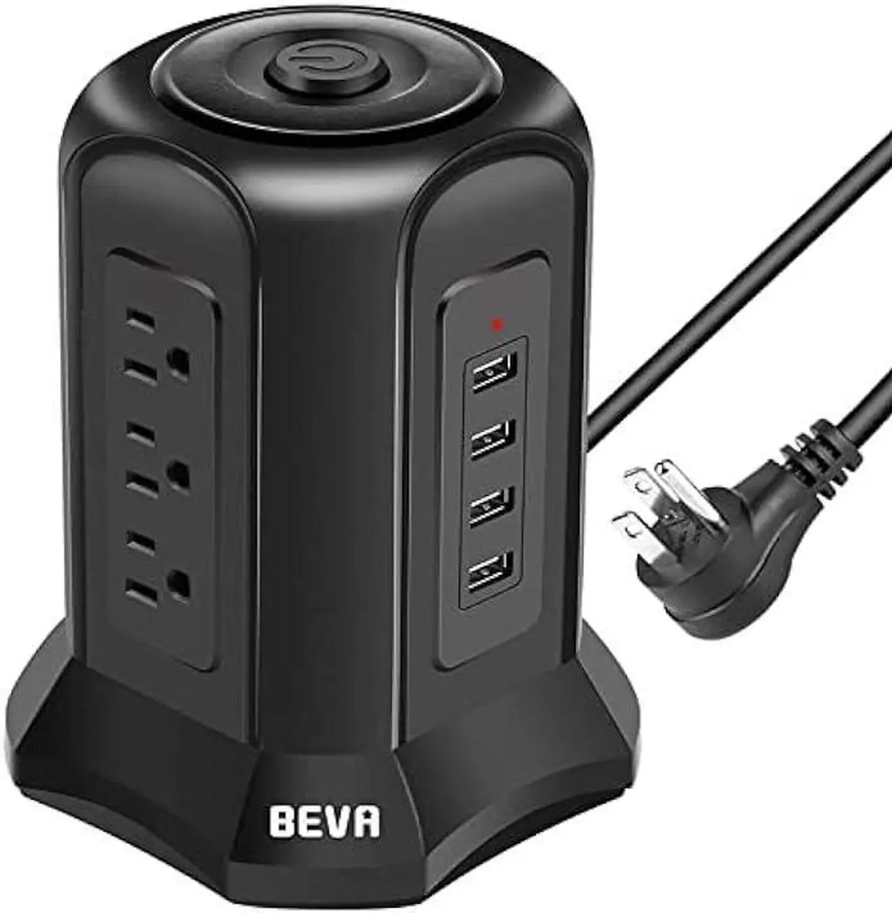 Power Strip Tower Surge Protector, BEVA Surge Protector Tower with 9 AC Outlet and 4 USB Ports, 18AWG 6.5 Feet Extension Cord, 3-Prong Flat Plug, Multiple Outlets for Office, Home and Dorm Essentials