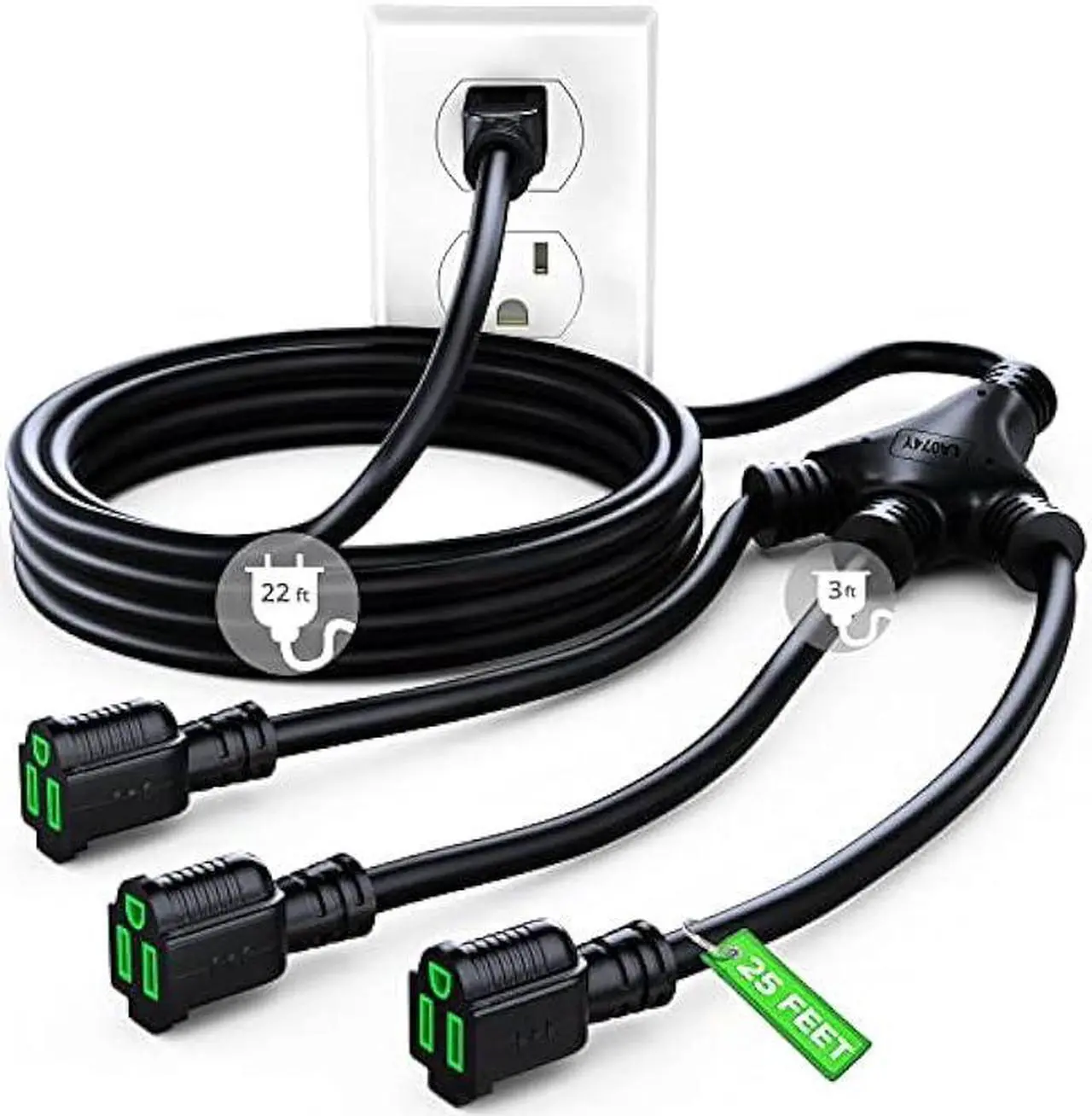 Main image of Maximm Extension Cord Splitter 12/3 AWG 1 to 3 Outlet, 25 Ft Black Indoor Outdoor Rated, Heavy Duty Power Cords with Multiple outlets, 12 Gauge Wire Grounded