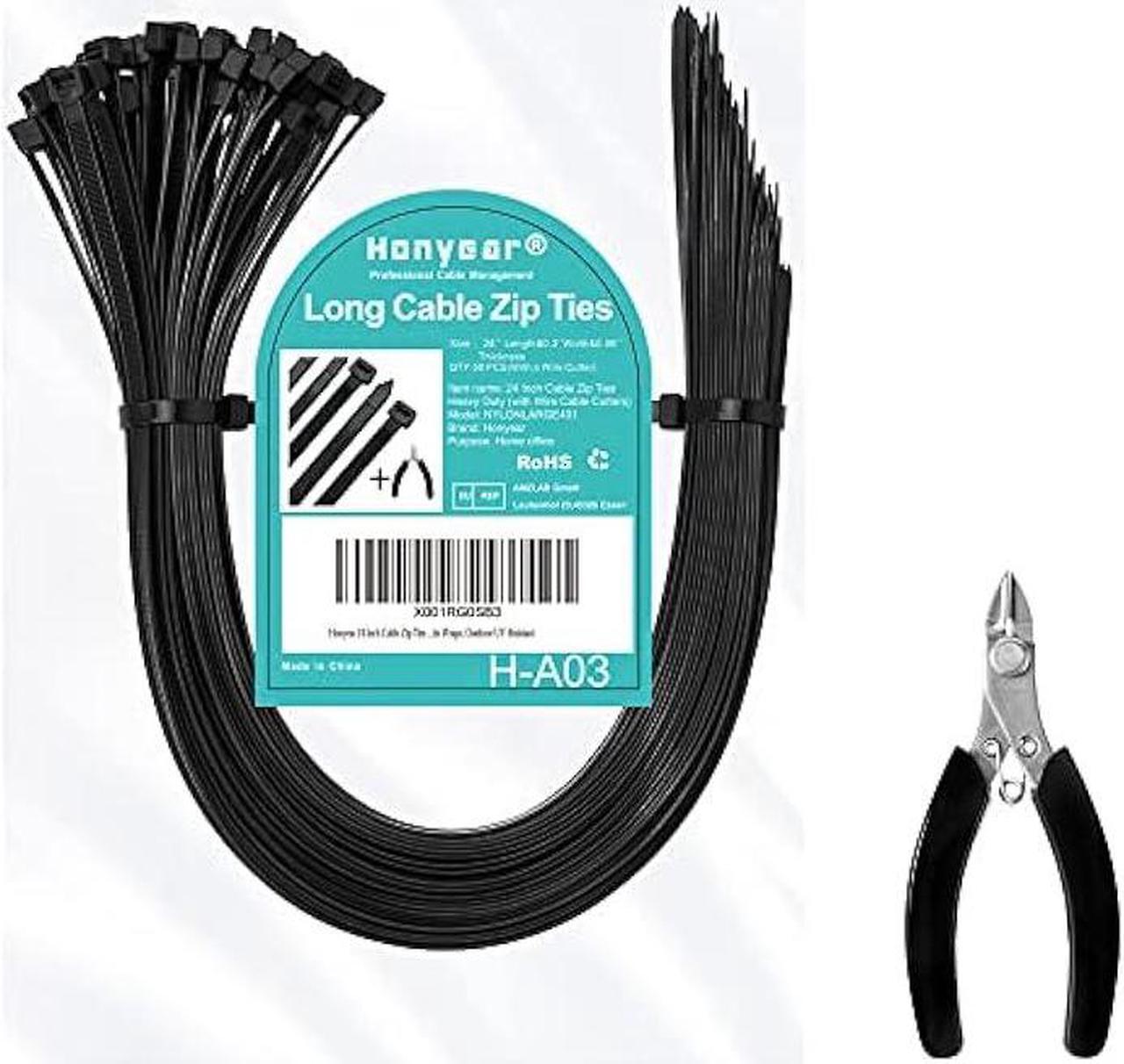 Main image of Honyear 24 Inch Cable Zip Ties Heavy Duty (with Wire Cable Cutters), Strong Large Black Zip Ties with 175 Pounds Tensile Strength, 50 Pack, Long Durable Nylon Black tie Wraps, Outdoor UV Resistant