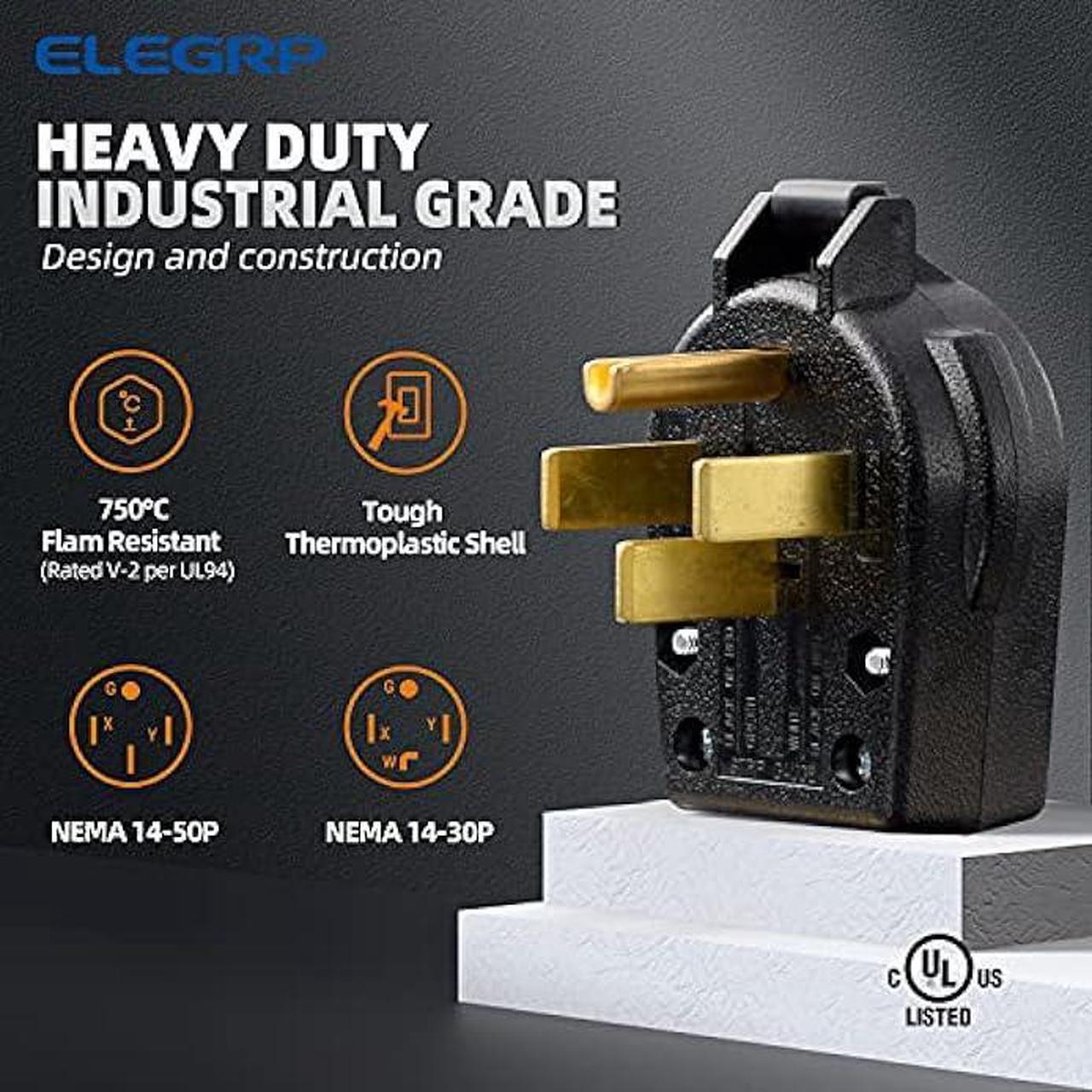 Alt view image 2 of 7 - ELEGRP NEMA 14-30P & NEMA 14-50P Plug, 4 Prong Dryer/Range Oven Stove Angle Plug, Straight Blade Heavy Duty, 30 Amp 50 Amp 125/250V, Industrial Grade, Grounding, 3 Pole 4 Wire, UL Listed