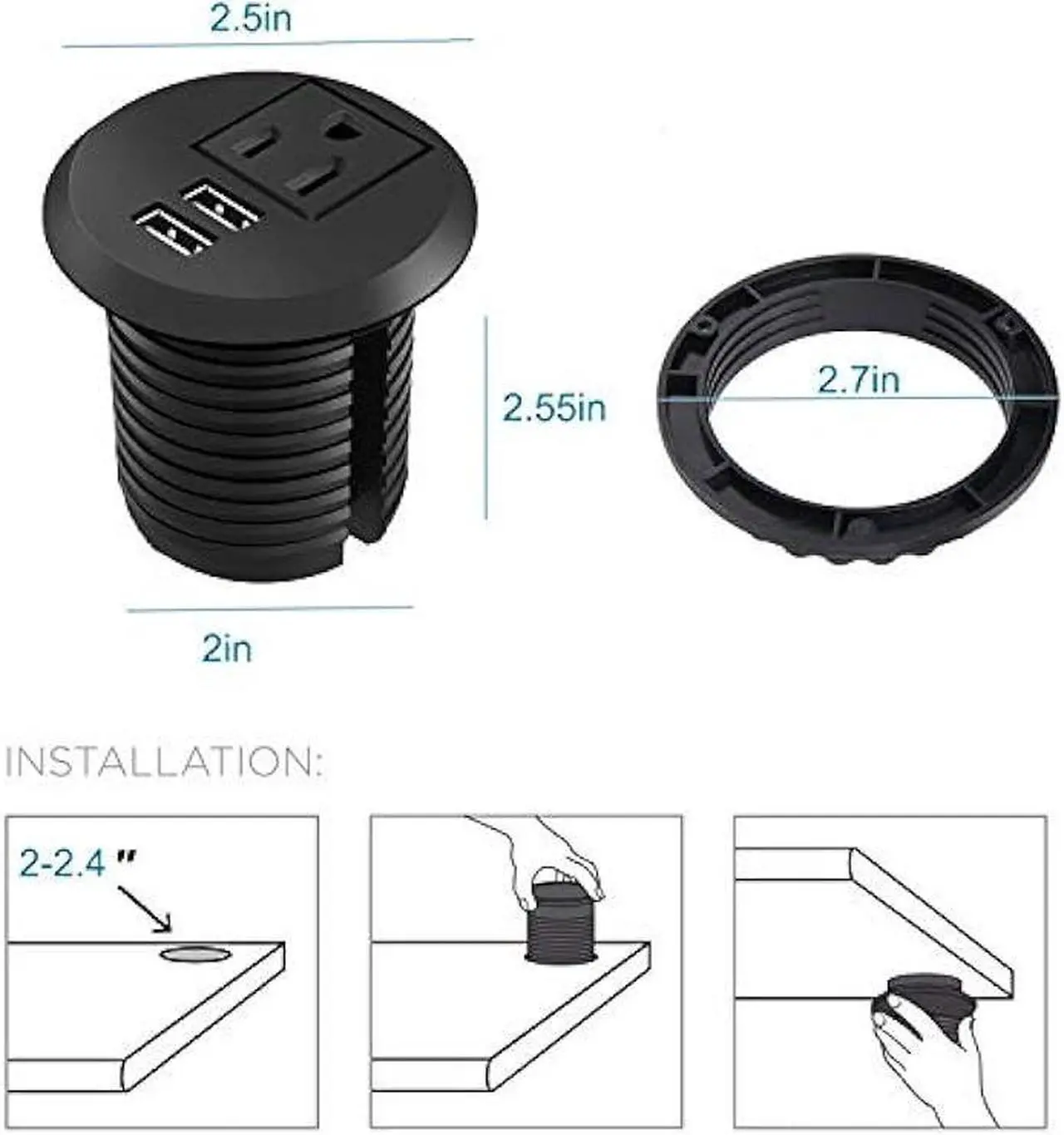 Alt view image 5 of 7 - Desk Power Grommet with USB, Fits 2 inch Grommet Hole, Recessed Power Strip Socket, Plug in 2 Outlet 6.5 ft Extension Cord (Black Round)