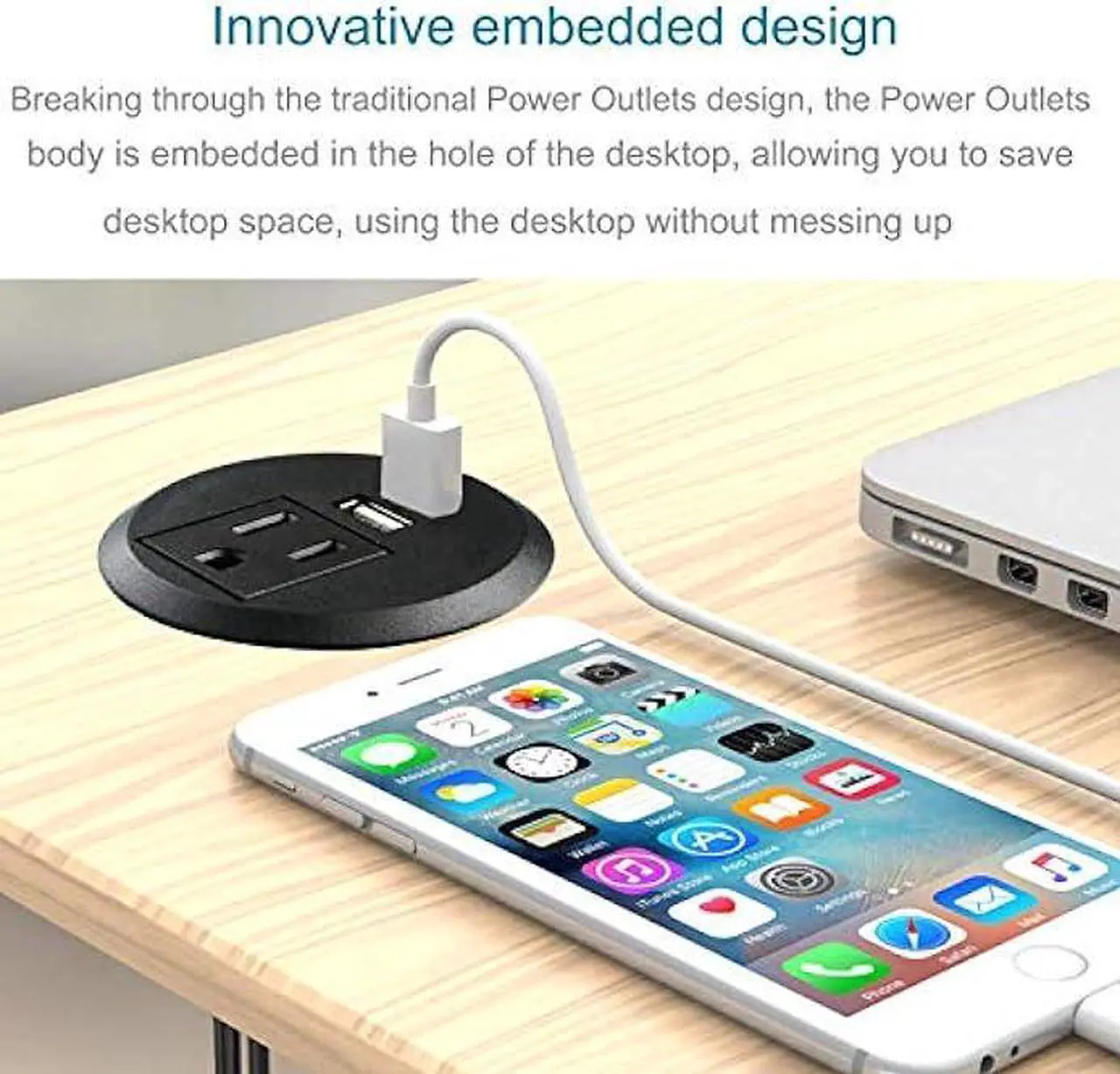 Alt view image 6 of 7 - Desk Power Grommet with USB, Fits 2 inch Grommet Hole, Recessed Power Strip Socket, Plug in 2 Outlet 6.5 ft Extension Cord (Black Round)