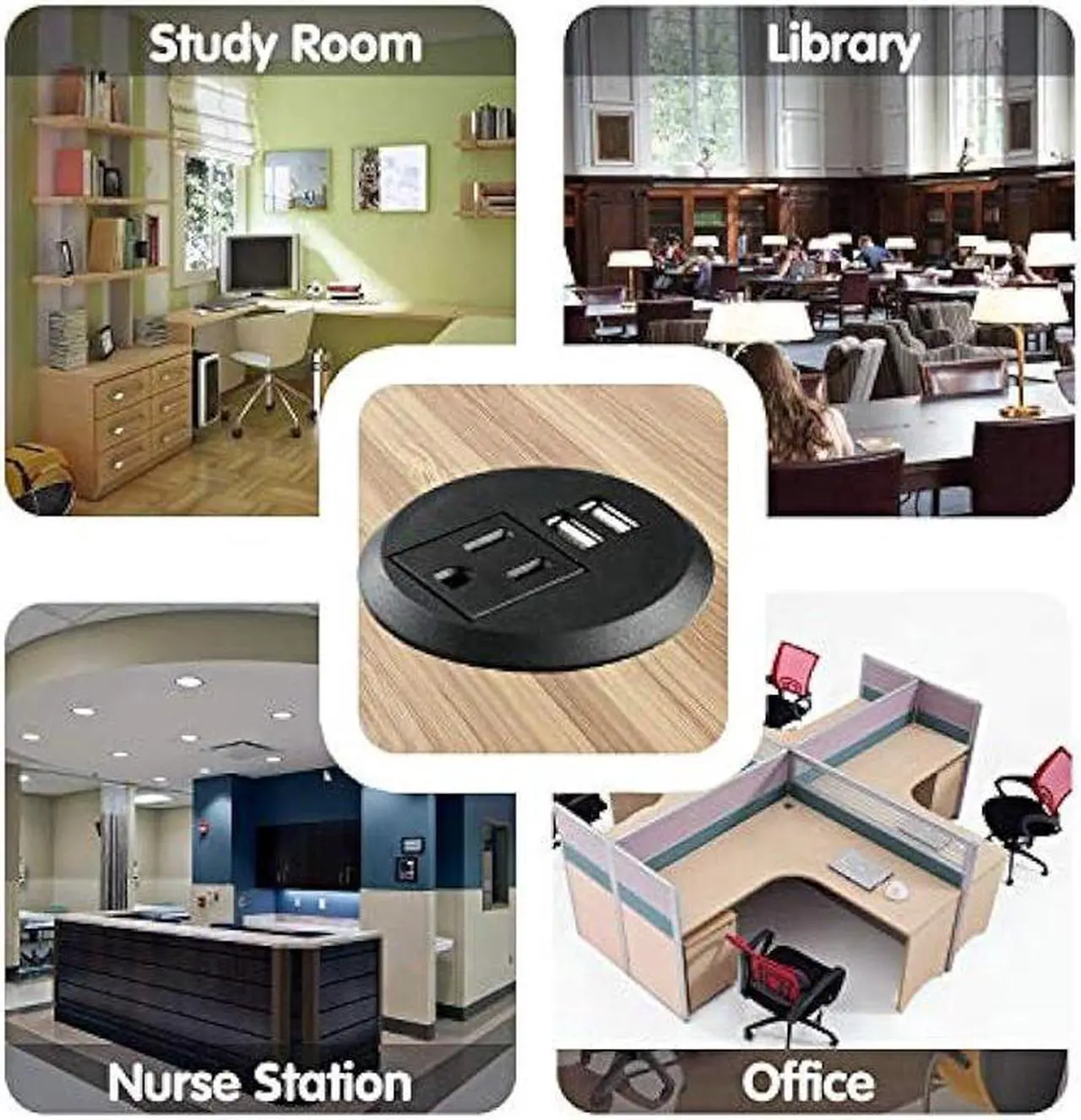 Alt view image 7 of 7 - Desk Power Grommet with USB, Fits 2 inch Grommet Hole, Recessed Power Strip Socket, Plug in 2 Outlet 6.5 ft Extension Cord (Black Round)