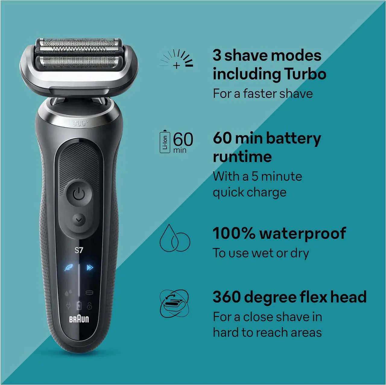 Alt view image 2 of 7 - Braun Electric Shaver for Men, Series 7 7185cc, Wet & Dry Shave, Turbo & Gentle Shaving Modes, Waterproof Foil Shaver, Space Grey