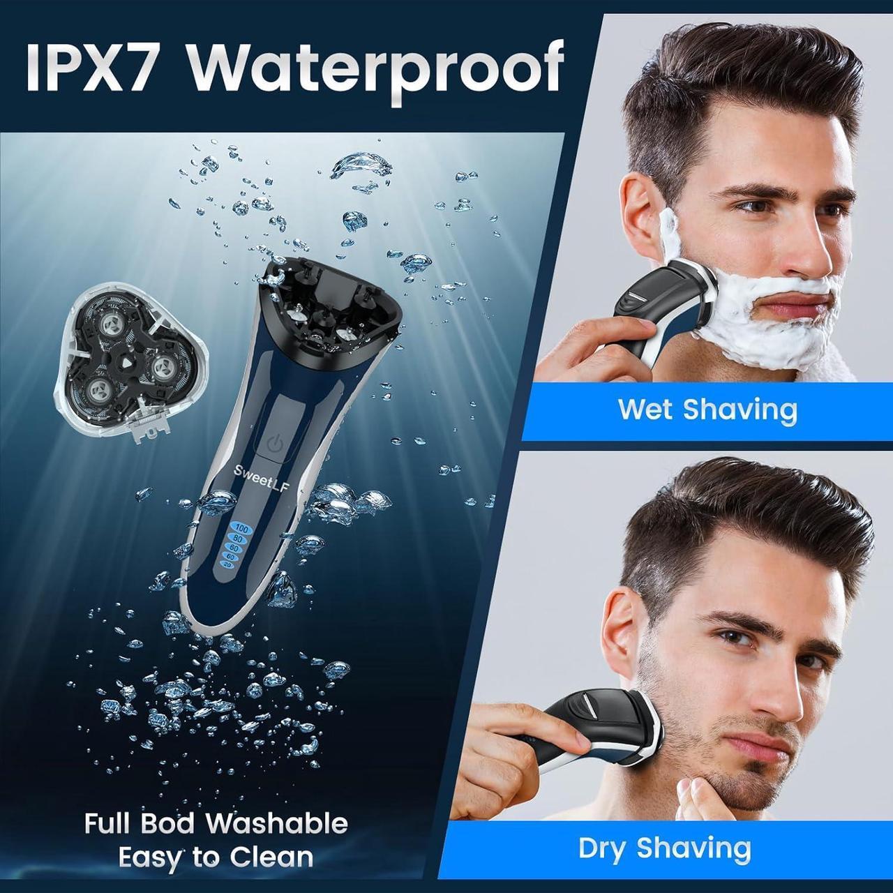 Alt view image 5 of 7 - Electric Razor for Men, SweetLF 100% Waterproof Electric Shaver, Type C Rechargeable, Wet & Dry Rotary Shavers for Men with Pop-up Trimmer, Corded and Cordless, Navy Blue