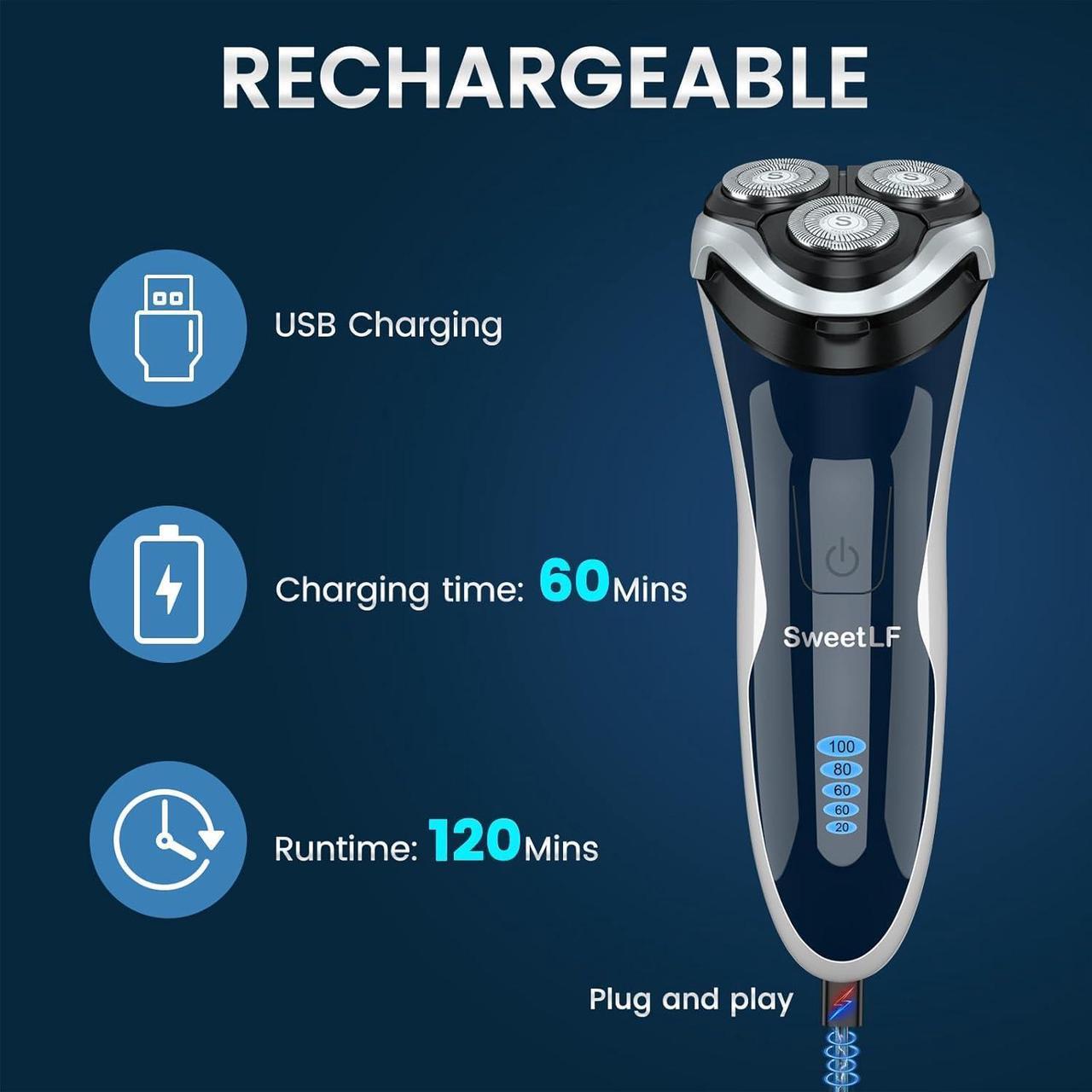 Alt view image 6 of 7 - Electric Razor for Men, SweetLF 100% Waterproof Electric Shaver, Type C Rechargeable, Wet & Dry Rotary Shavers for Men with Pop-up Trimmer, Corded and Cordless, Navy Blue