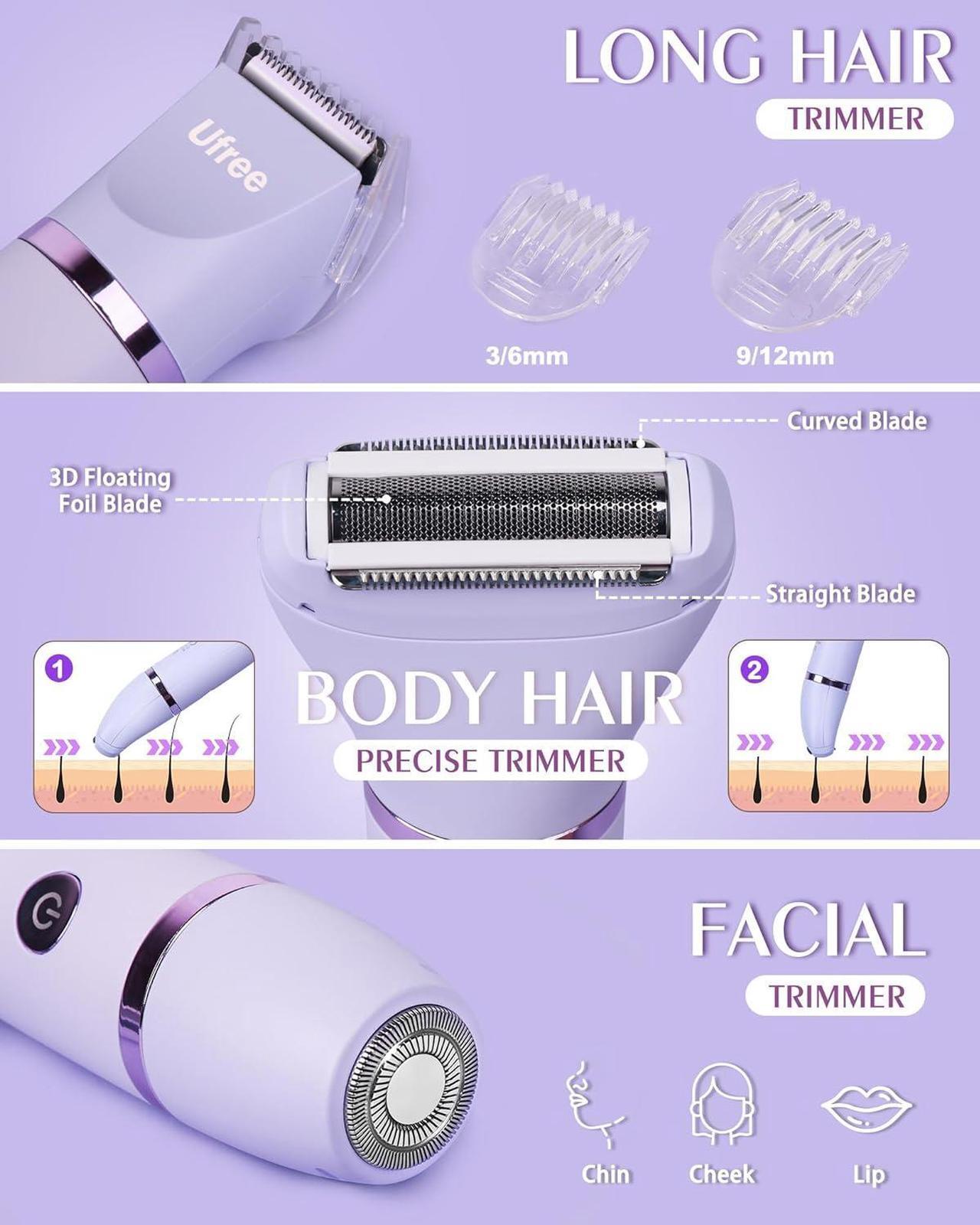 Alt view image 2 of 7 - Ufree Bikini Trimmer for Women, Electric Razors for Women, Rechargeable Pubic Hair Trimmer Women, Womens Electric Shaver for Legs Body Hair, Bikini Shaver IPX7 Waterproof, Purple