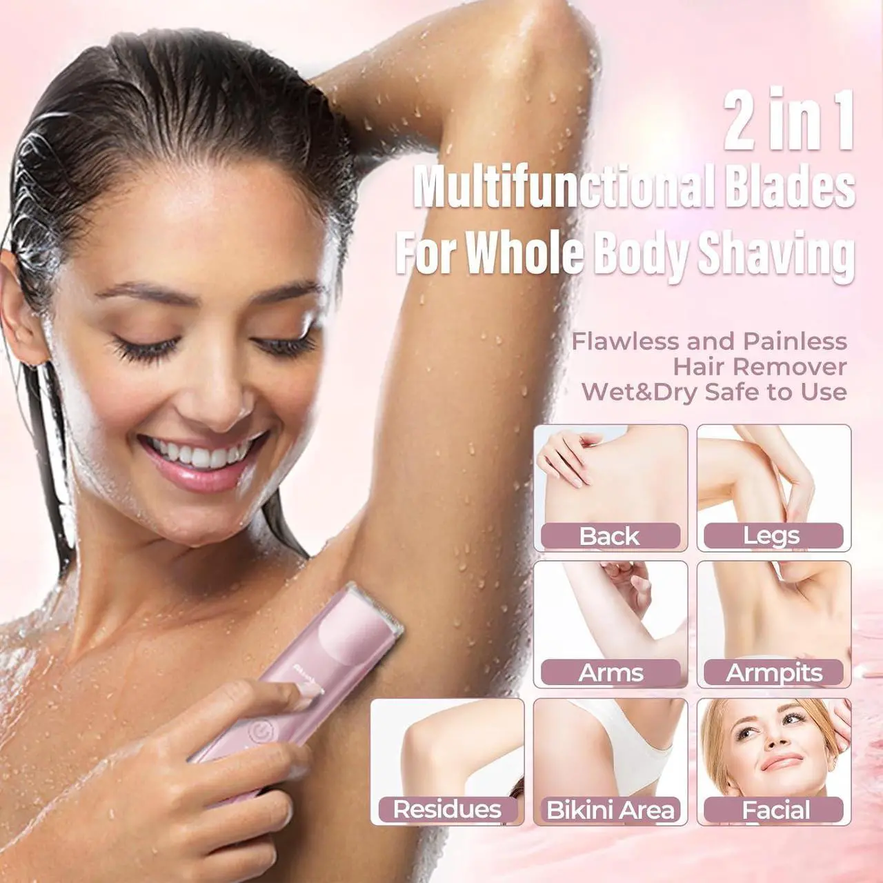Alt view image 5 of 7 - 2 in 1 Women Electric Shaver Dual Head Bikini Trimmer for Women IPX7 Waterproof Wet & Dry Use Body Hair Trimmer and Facial Hair Remover for Bikini Underarm Leg Arm Body Face