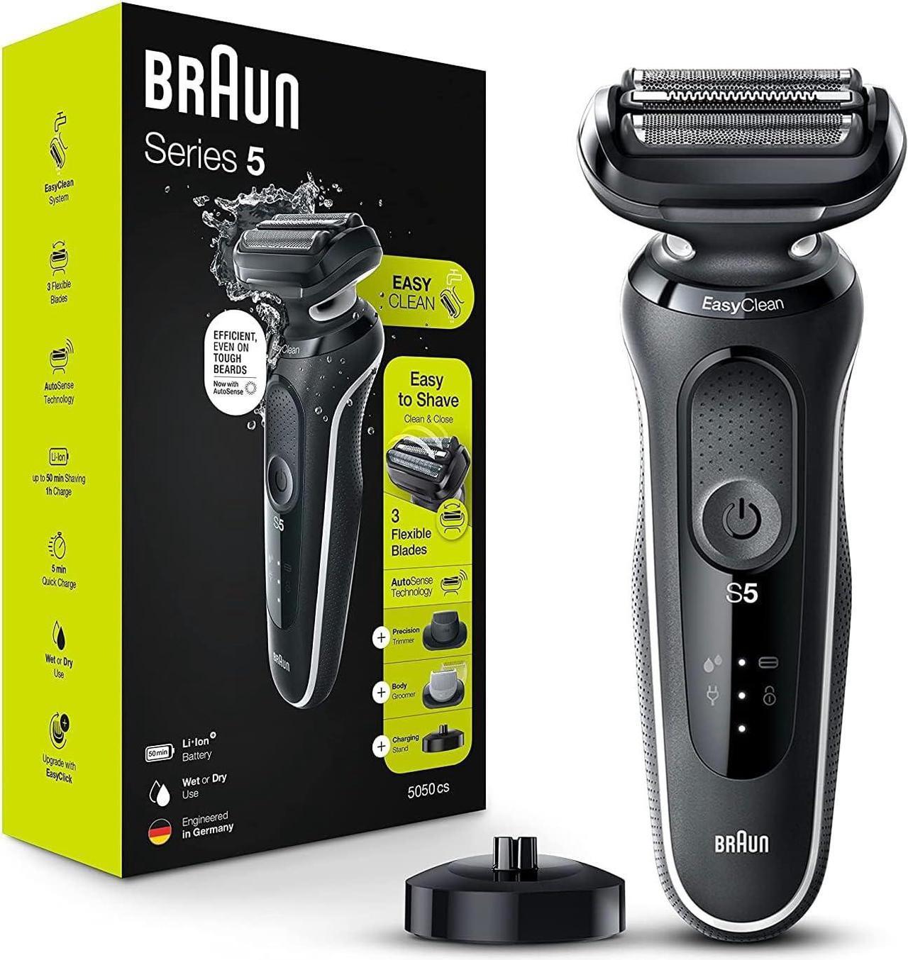 Main image of Braun Electric Razor for Men, Waterproof Foil Shaver, Series 5 5050cs, Wet & Dry Shave, with Beard Trimmer and Body Groomer, Rechargeable, Charging Stand Included, Blue