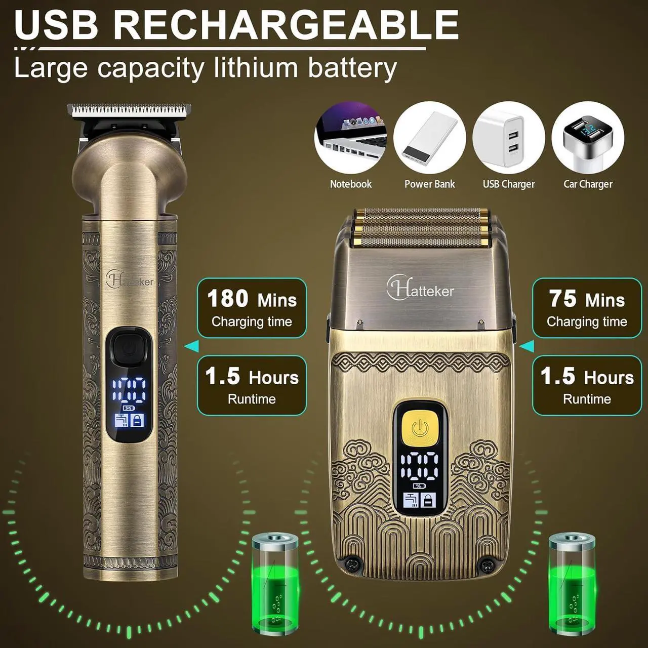 Alt view image 4 of 7 - Hatteker Professional Hair Clipper Electric Razor Foil Shavers for Men Body Nose Ear Hair Grooming Kit with Triple Blades Cordless Waterproof
