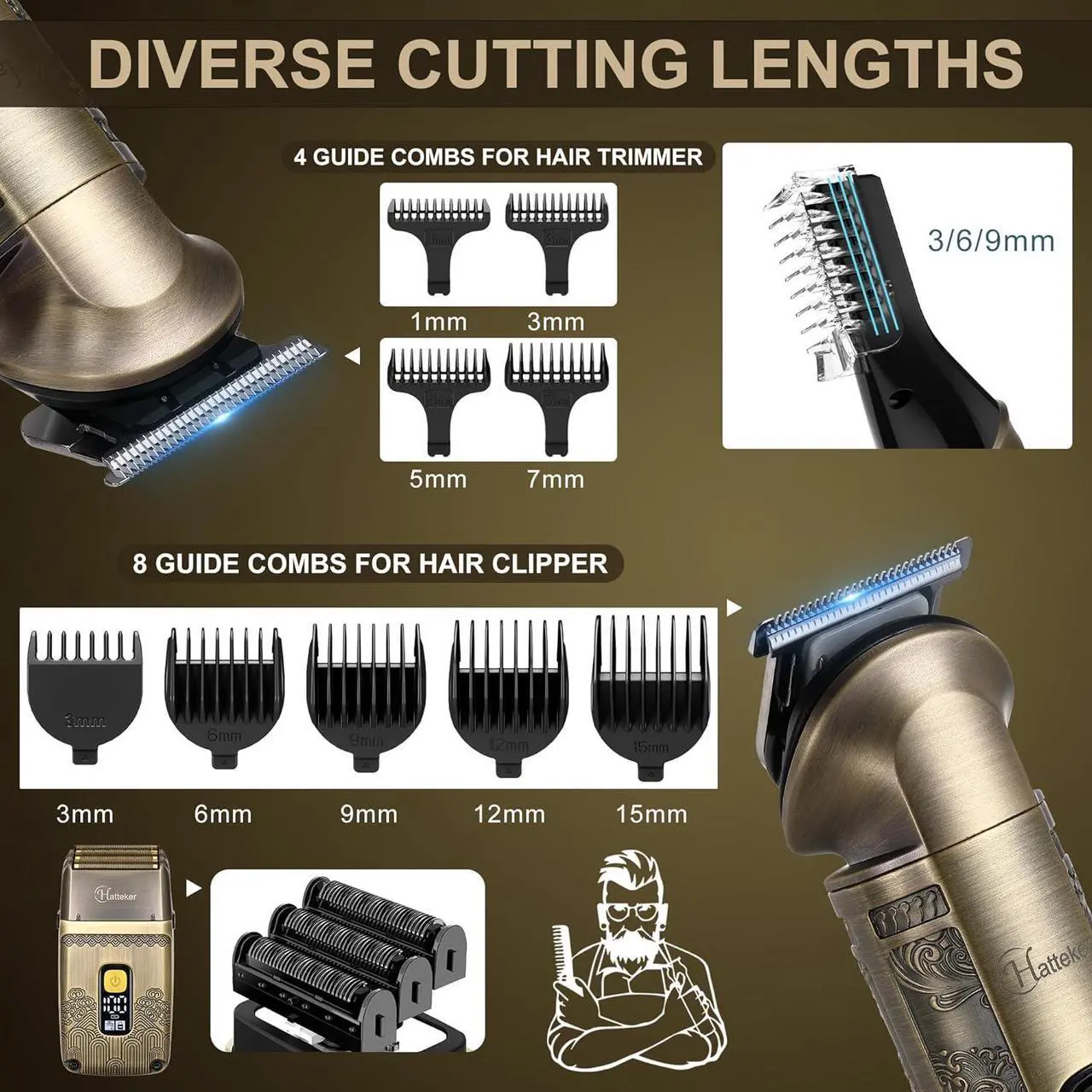 Alt view image 5 of 7 - Hatteker Professional Hair Clipper Electric Razor Foil Shavers for Men Body Nose Ear Hair Grooming Kit with Triple Blades Cordless Waterproof