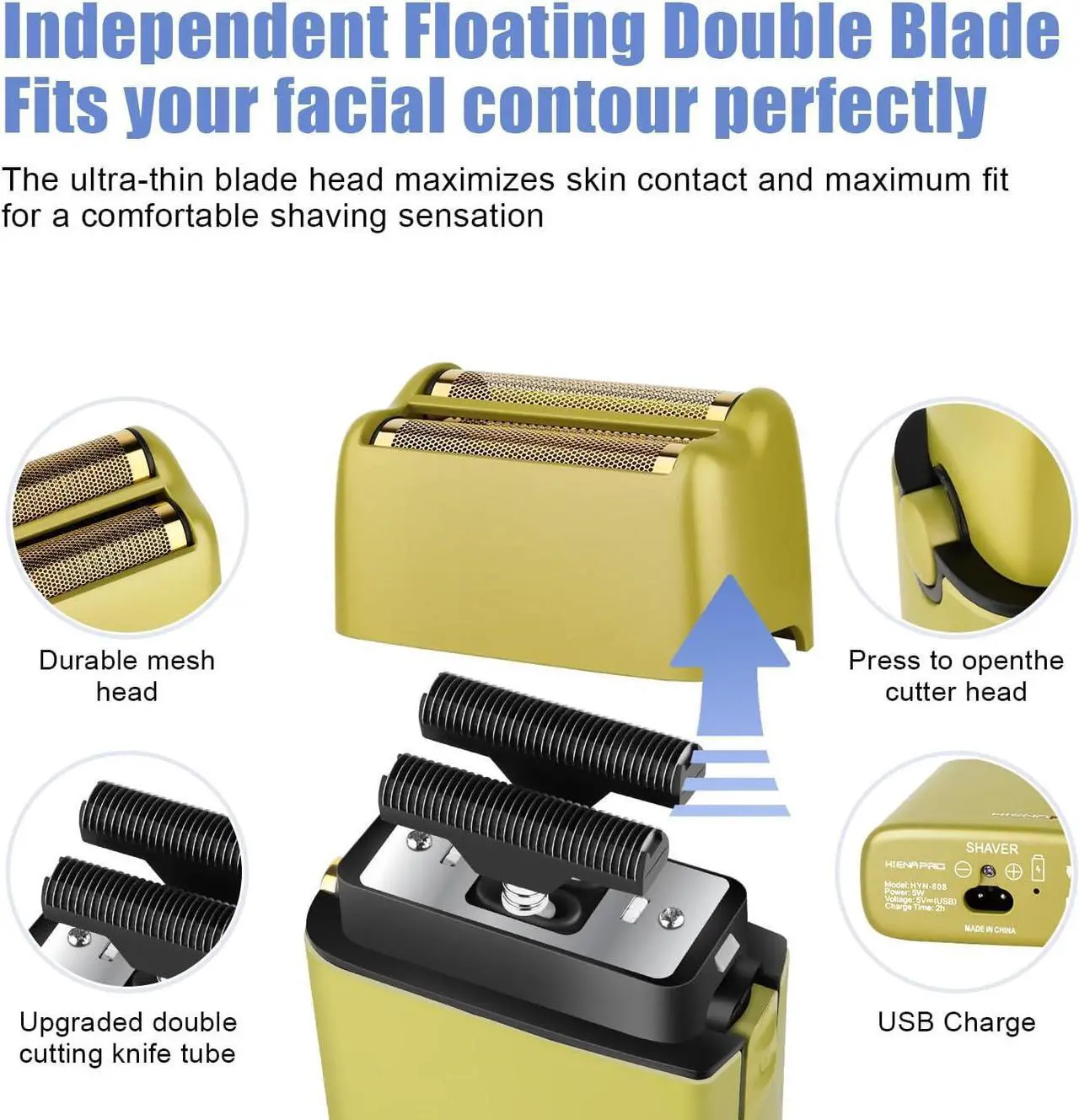 Alt view image 3 of 6 - Foil Shaver for Men Barber, Double Electric Foil Trimmer, Professional Electric Razor, Close Shaver, Cordless Rechargeable with USB, Yellow