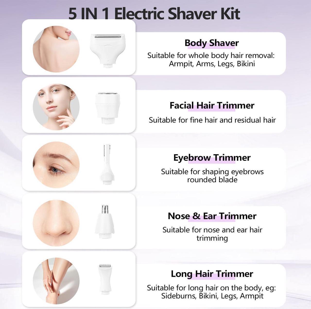 Alt view image 2 of 7 - Electric Razors for Women, 5 in 1 Electric Shaver Razor Women Painless Facial Hair Remover, Rechargeable Bikini Trimmer for Women Wet/Dry Face Razors for Face Nose Eyebrow Arm Armpit Legs Pubic
