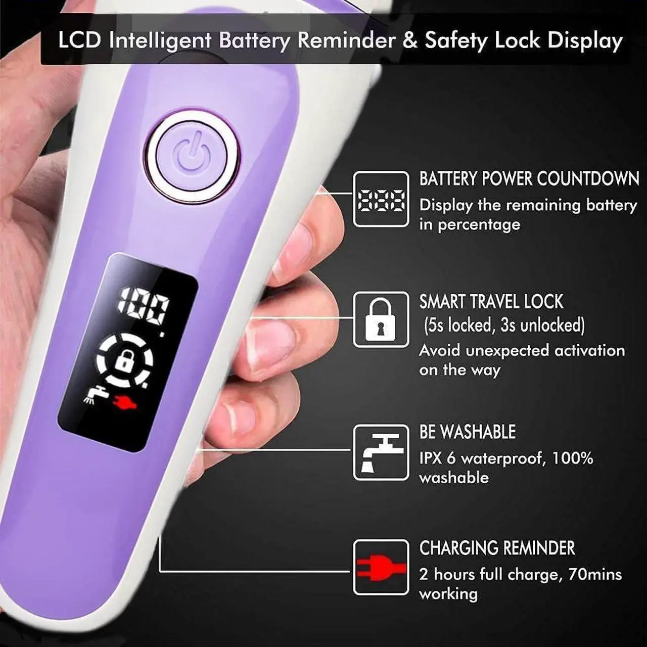 Alt view image 6 of 7 - Electric Lady Shaver Bikini Trimmer Wet & Dry Rechargeable Cordless Painless Electric Razor for Women, LED Display Razor for Legs Underarms (Purple)