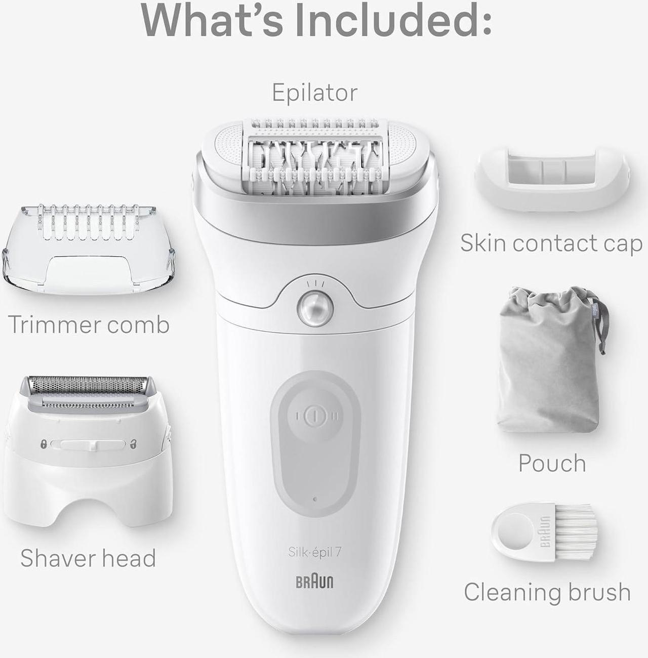 Alt view image 2 of 7 - Braun Epilator Silk-épil 7, Hair Removal Device, Women Shaver & Trimmer, Wet and Dry, Wide Head, includes Shaver Head and Trimmer Comb, SE7-041, Silver