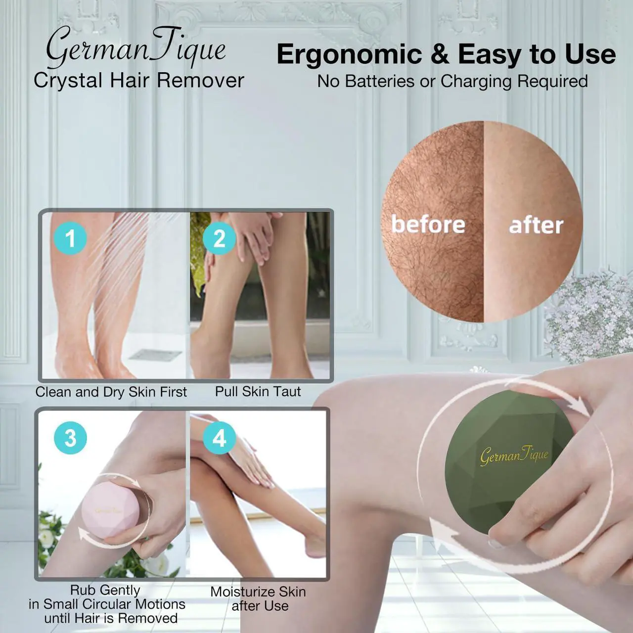 Alt view image 4 of 6 - Crystal Hair Eraser,Upgraded Crystal Hair Remover Diamond,Painless and Effective Nano Glass Hair Removal Stone and Skin Exfoliation,Natural Epilator for Women and Men(Olive Green)