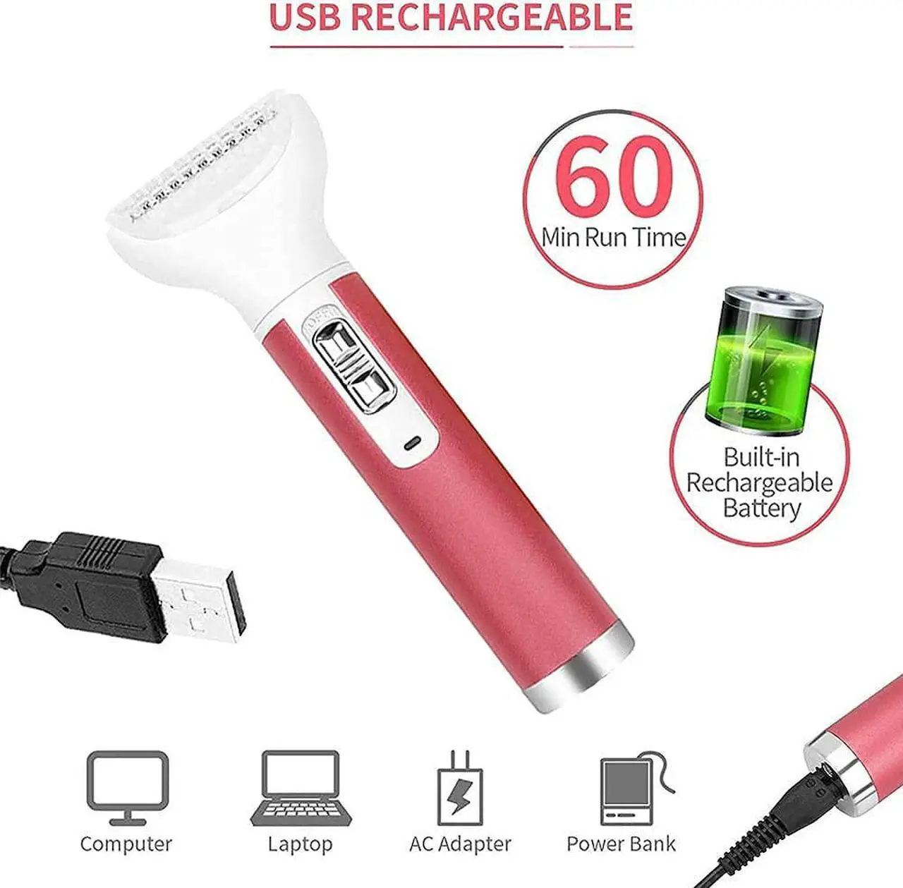 Alt view image 6 of 7 - Electric Razor for Women,5 in 1 Womens Shaver Electric Bikini Trimmer Pubic Hair Removal Wet & Dry Painless Shaver for Legs Underarms Eyebrow Face Nose and Bikini Line Razor (Red)