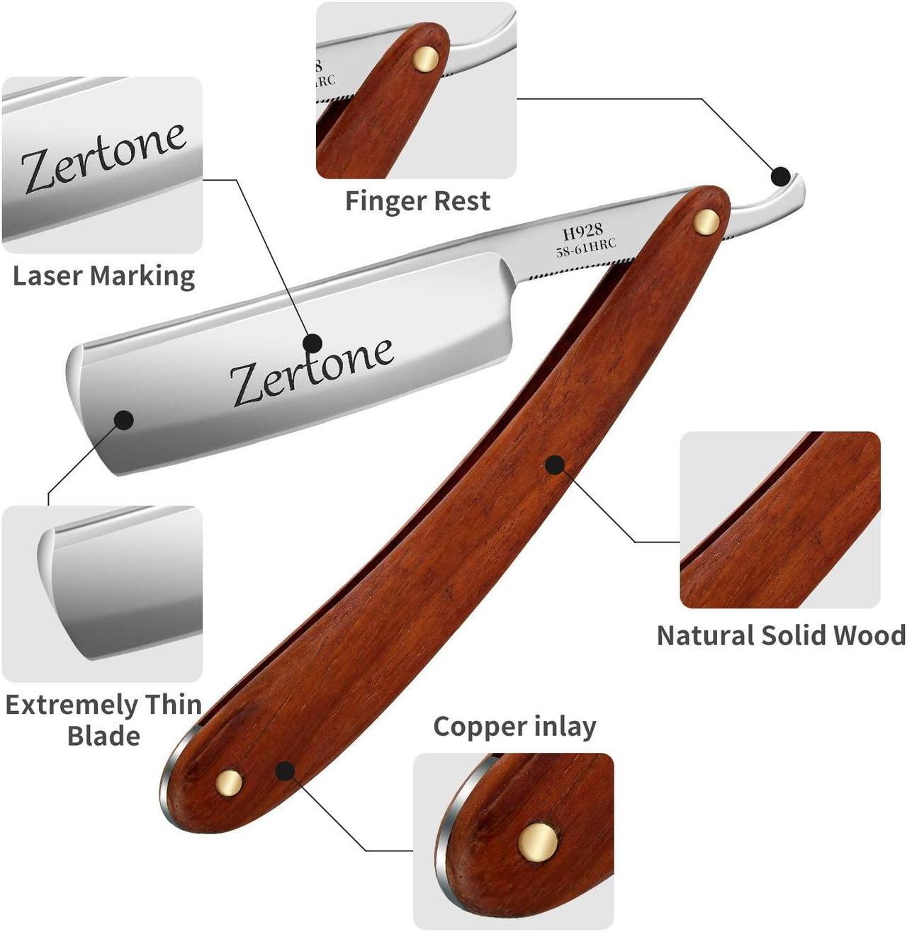 Alt view image 2 of 7 - Zertone Straight Razors for Men Kit with Strop - Straight Edge Razor Natural Wood Scale  Sharp, High Hardness Carbon Steel Cutthroat Straight Razor Shaving Kit, Vintage Wood Handle, Barber Razor