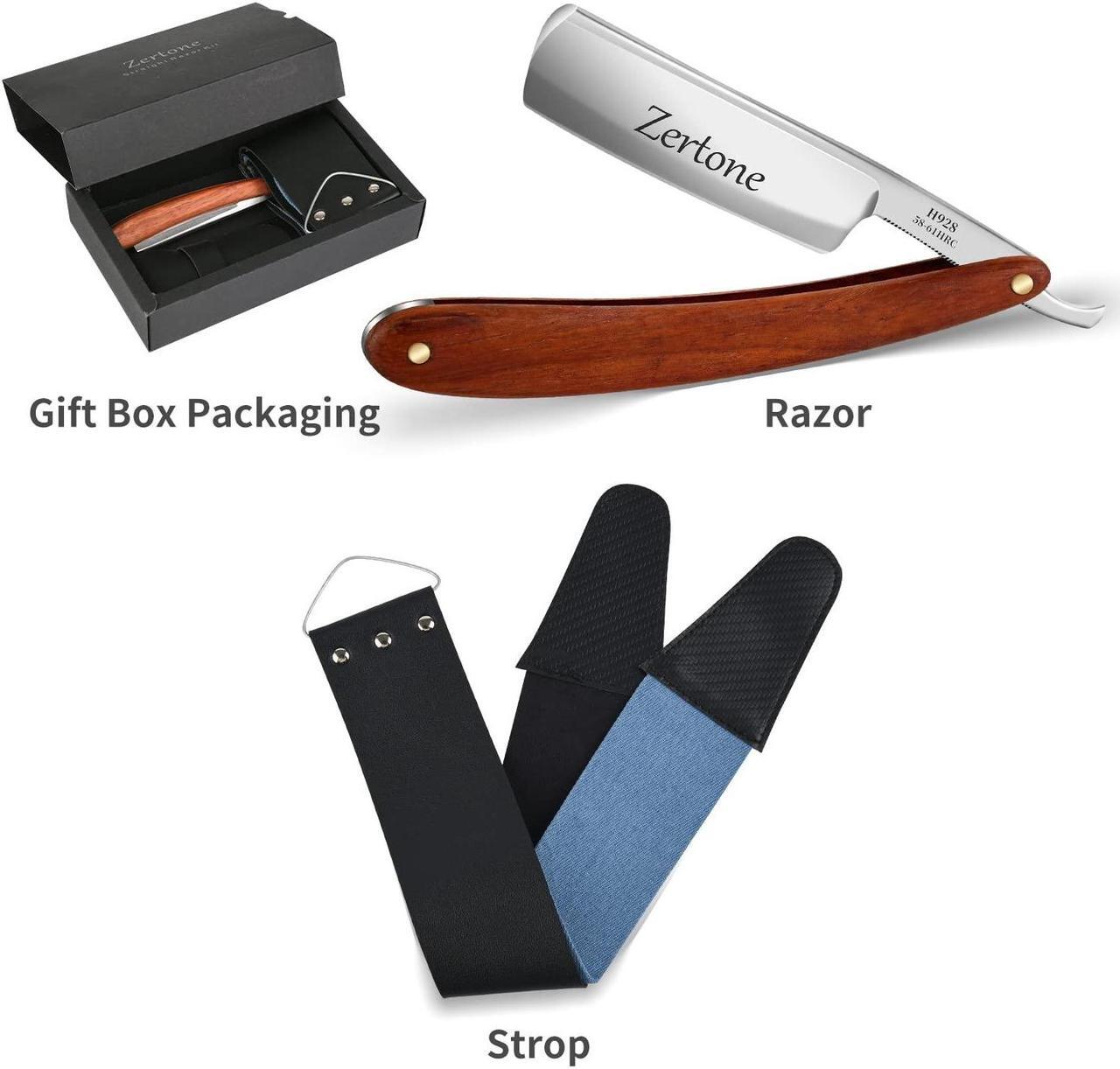 Alt view image 3 of 7 - Zertone Straight Razors for Men Kit with Strop - Straight Edge Razor Natural Wood Scale  Sharp, High Hardness Carbon Steel Cutthroat Straight Razor Shaving Kit, Vintage Wood Handle, Barber Razor