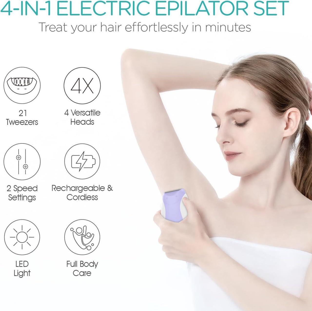 Alt view image 2 of 7 - Epilator for Women-Cordless Epilators Hair Removal for Women, 4-in-1 Electric Razor Hair Remover, 2 Speeds & 21 Tweezers for Face Legs Arms Armpit Bikini, Purple HR310