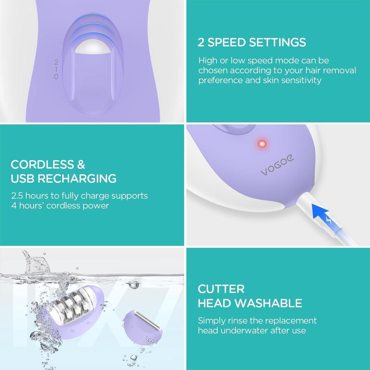 Alt view image 5 of 7 - Epilator for Women-Cordless Epilators Hair Removal for Women, 4-in-1 Electric Razor Hair Remover, 2 Speeds & 21 Tweezers for Face Legs Arms Armpit Bikini, Purple HR310