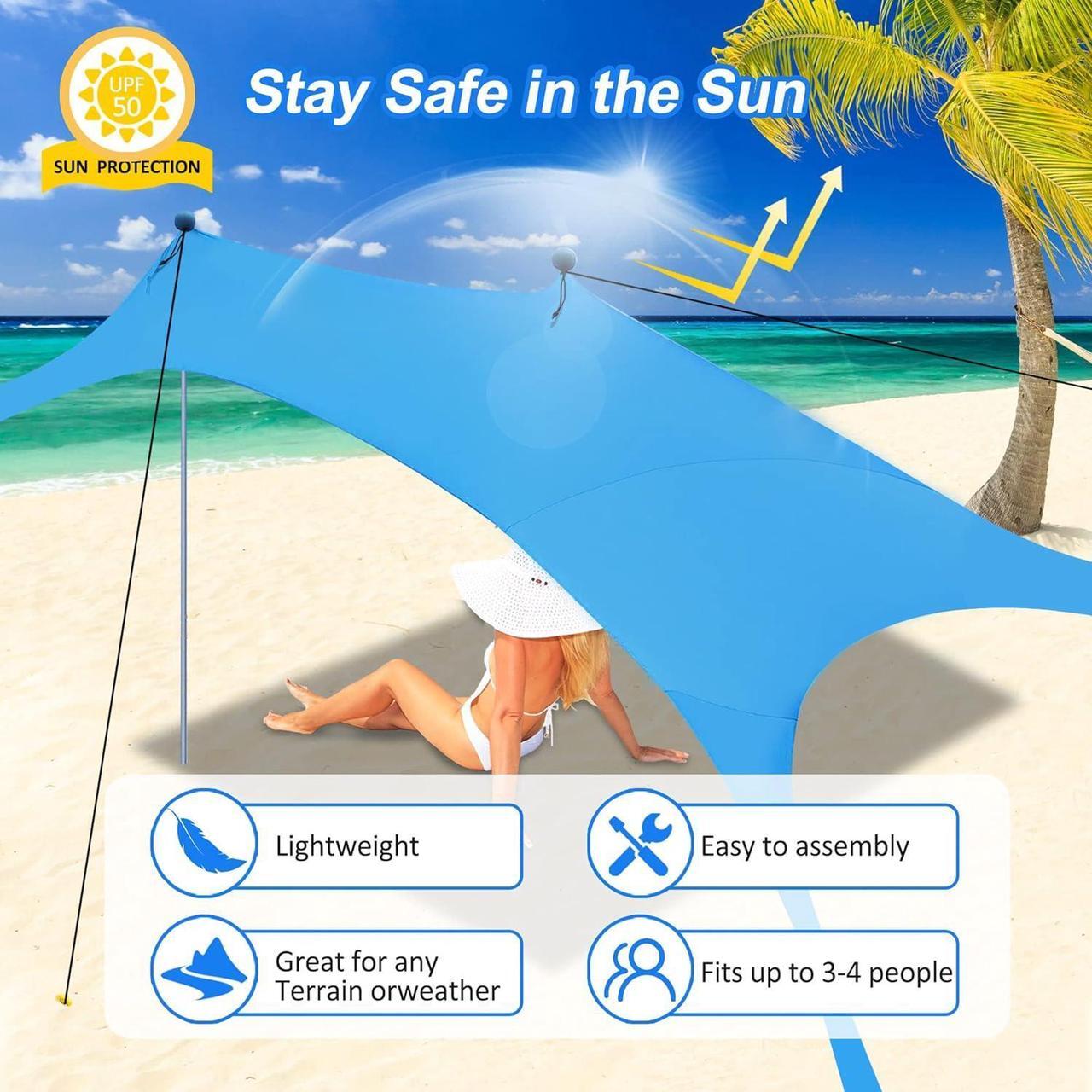 Alt view image 2 of 7 - Beach Canopy Tent Sun Shade with UPF 50+ UV Protection, Beach Tent Sun Shelter with Sandbags, Poles and Ground Pegs and Anti-Wind Ropes for Outdoor, Camping, Backyard and Picnics