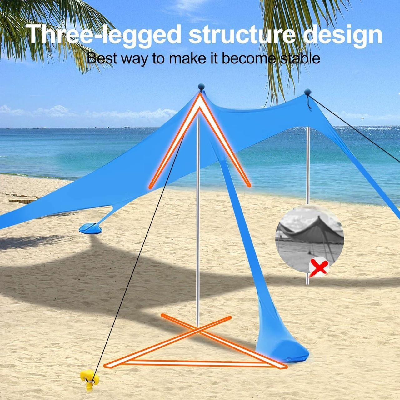 Alt view image 3 of 7 - Beach Canopy Tent Sun Shade with UPF 50+ UV Protection, Beach Tent Sun Shelter with Sandbags, Poles and Ground Pegs and Anti-Wind Ropes for Outdoor, Camping, Backyard and Picnics