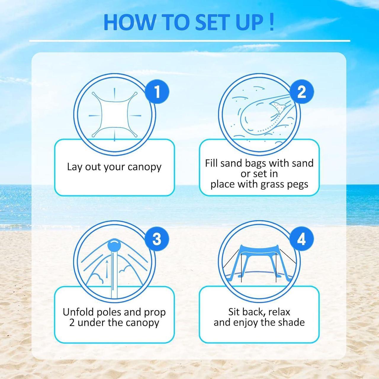 Alt view image 4 of 7 - Beach Canopy Tent Sun Shade with UPF 50+ UV Protection, Beach Tent Sun Shelter with Sandbags, Poles and Ground Pegs and Anti-Wind Ropes for Outdoor, Camping, Backyard and Picnics