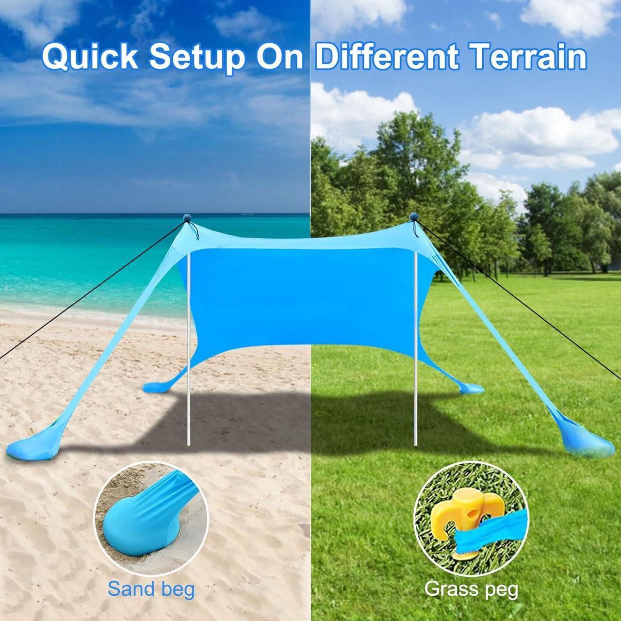 Alt view image 5 of 7 - Beach Canopy Tent Sun Shade with UPF 50+ UV Protection, Beach Tent Sun Shelter with Sandbags, Poles and Ground Pegs and Anti-Wind Ropes for Outdoor, Camping, Backyard and Picnics