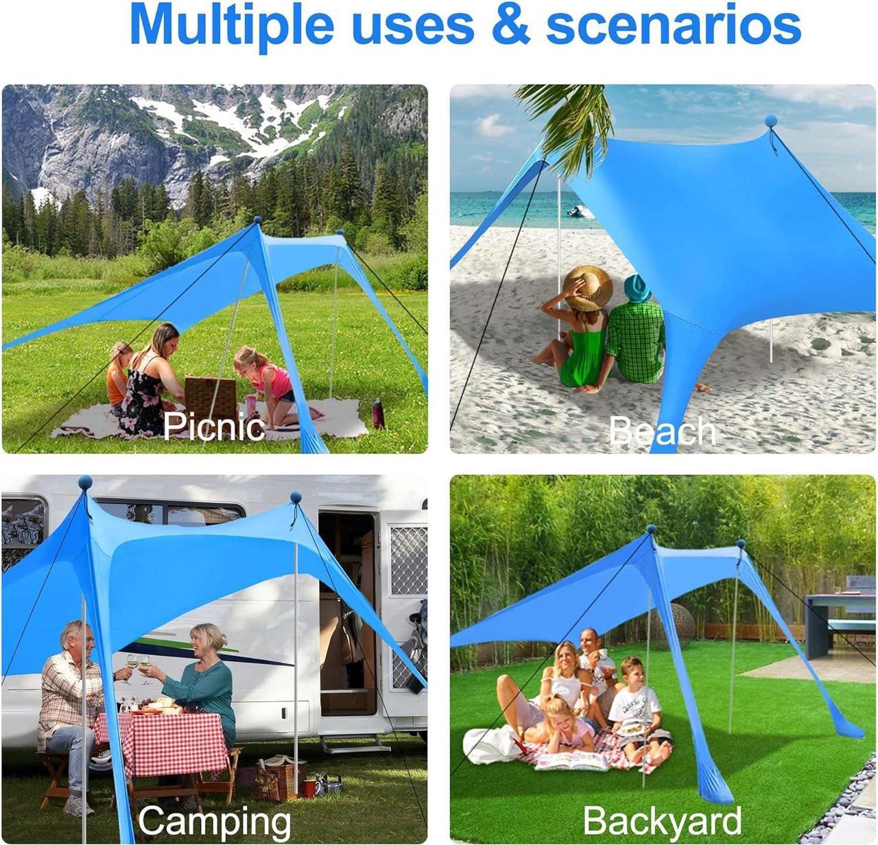 Alt view image 6 of 7 - Beach Canopy Tent Sun Shade with UPF 50+ UV Protection, Beach Tent Sun Shelter with Sandbags, Poles and Ground Pegs and Anti-Wind Ropes for Outdoor, Camping, Backyard and Picnics
